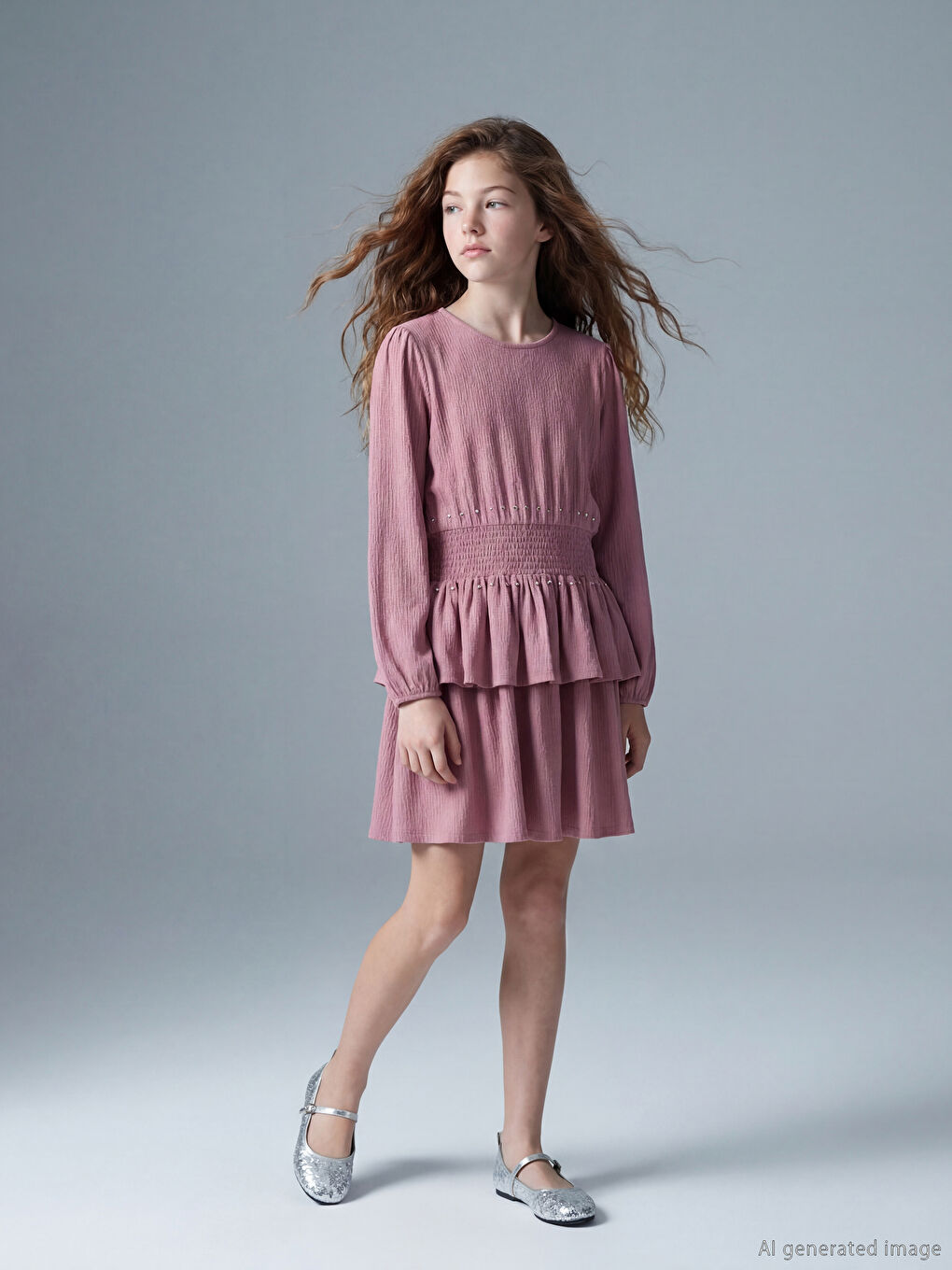 Lila Bisiklet Yaka Fırfırlı Taş Detaylı Kız Çocuk Elbise