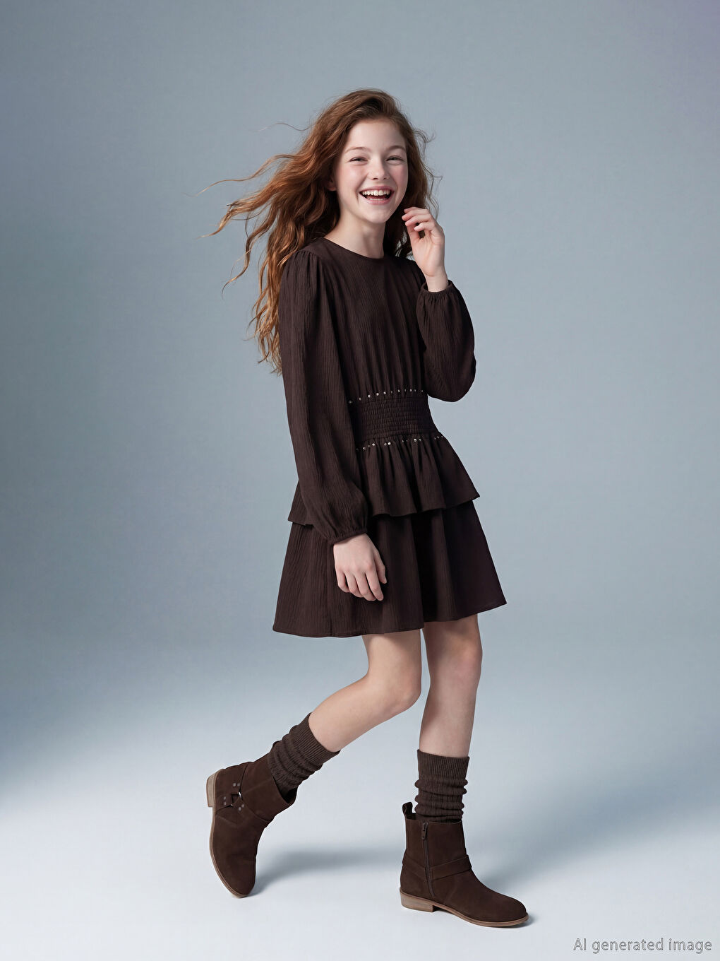 Kahverengi Bisiklet Yaka Fırfırlı Taş Detaylı Kız Çocuk Elbise