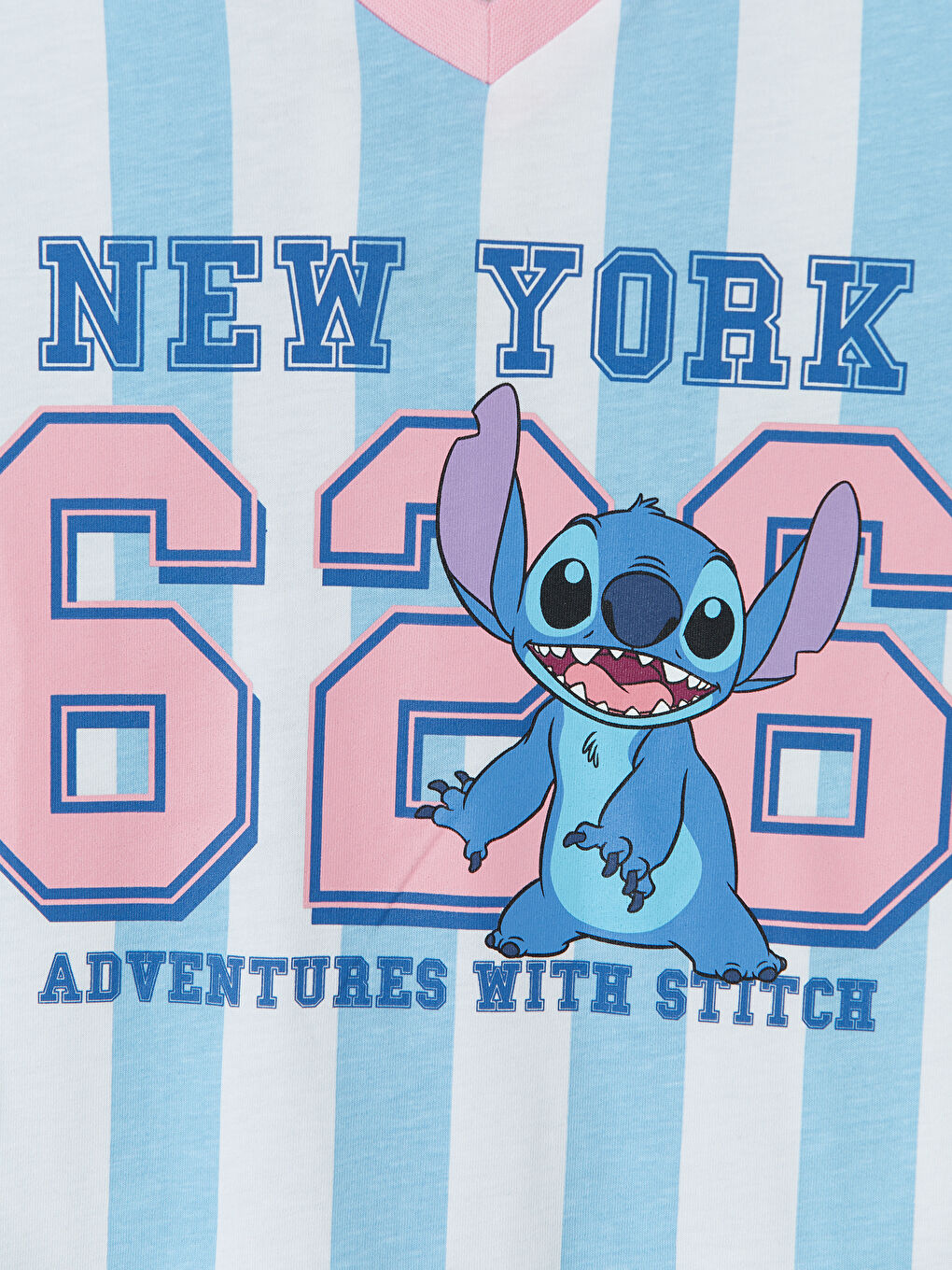 Mavi V Yaka Stitch Baskılı Kız Çocuk Tişört-2