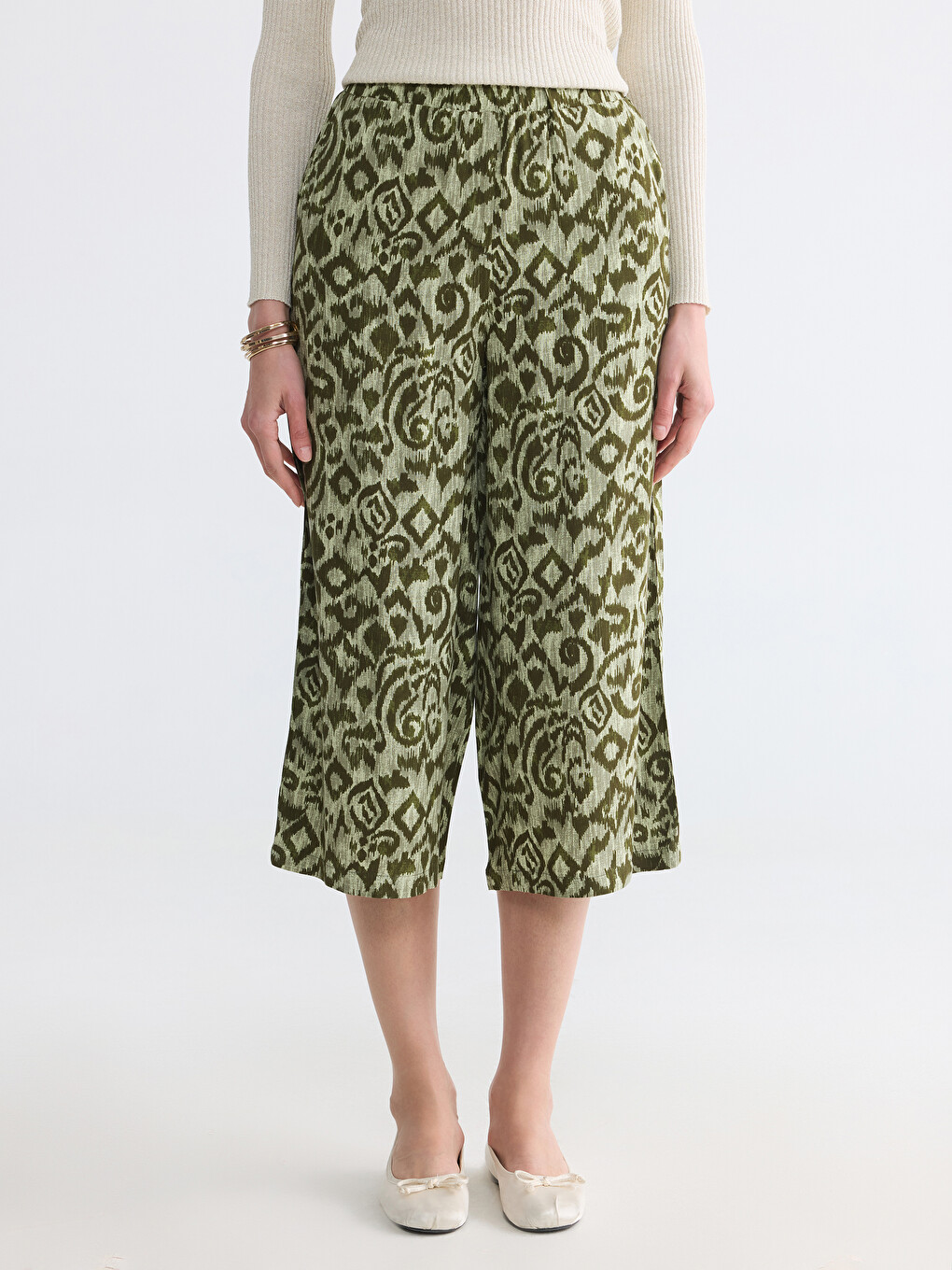 Elastische Taille Gemusterte Damen Caprihose-1