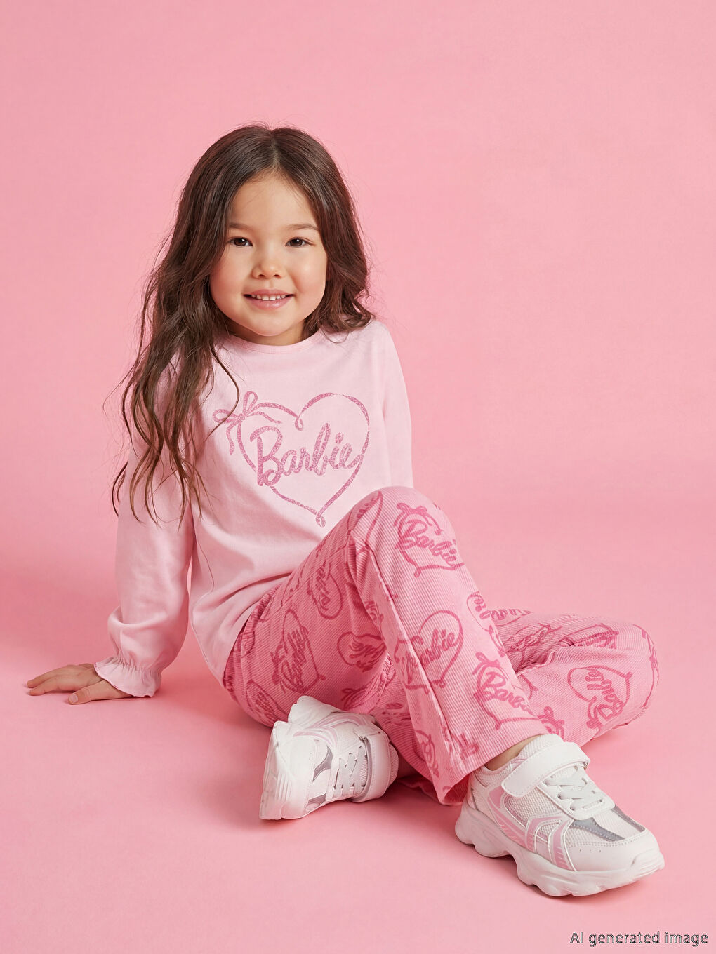 Crew Neck Barbie Printed Girls' T-Shirt and Leggings