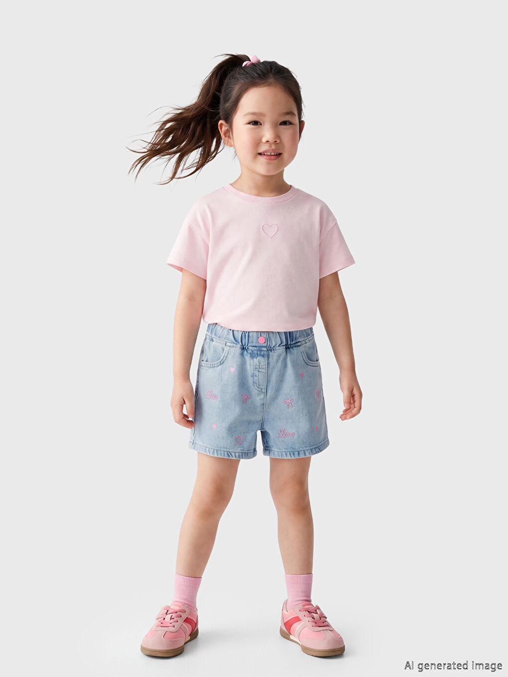 Elastic Waist Embroidered Girls' Denim Shorts-1