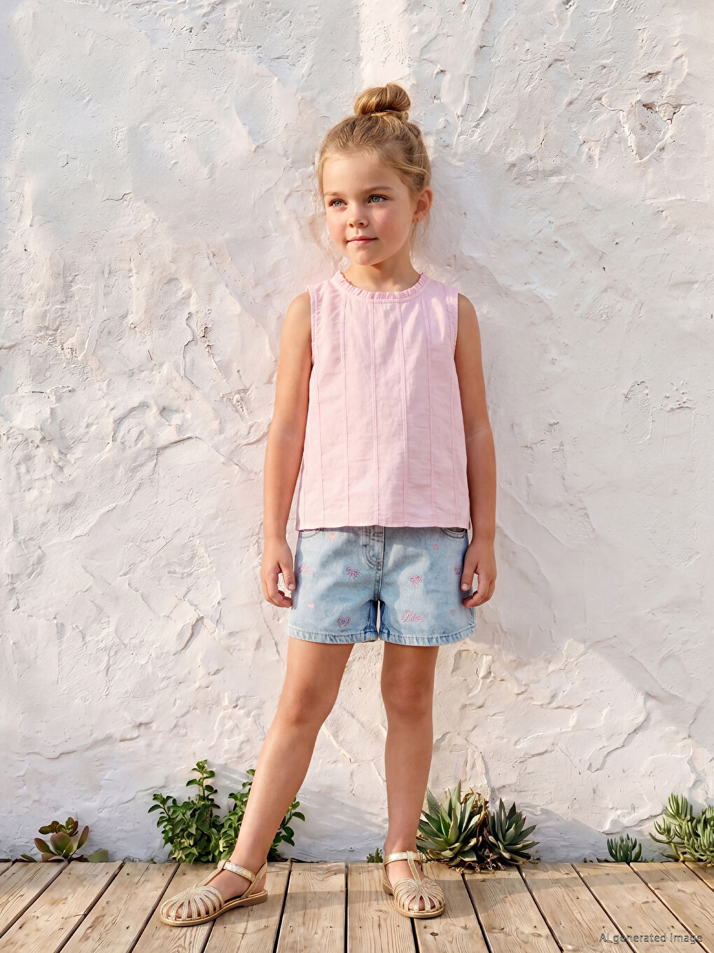 Elastic Waist Embroidered Girls' Denim Shorts