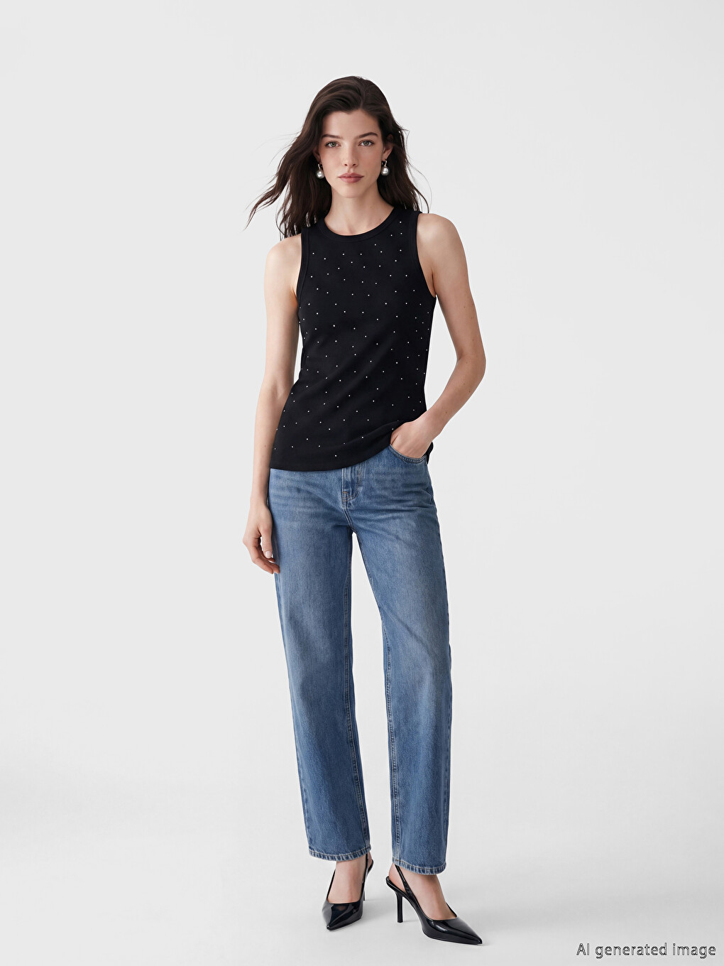 Crew Neck Rhinestone Embellished Women's Tank Top-1