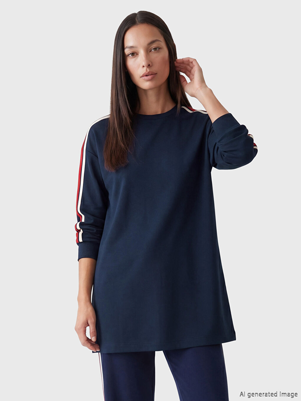 Lacivert Bisiklet Yaka Oversize Kadın Sweatshirt Tunik-1