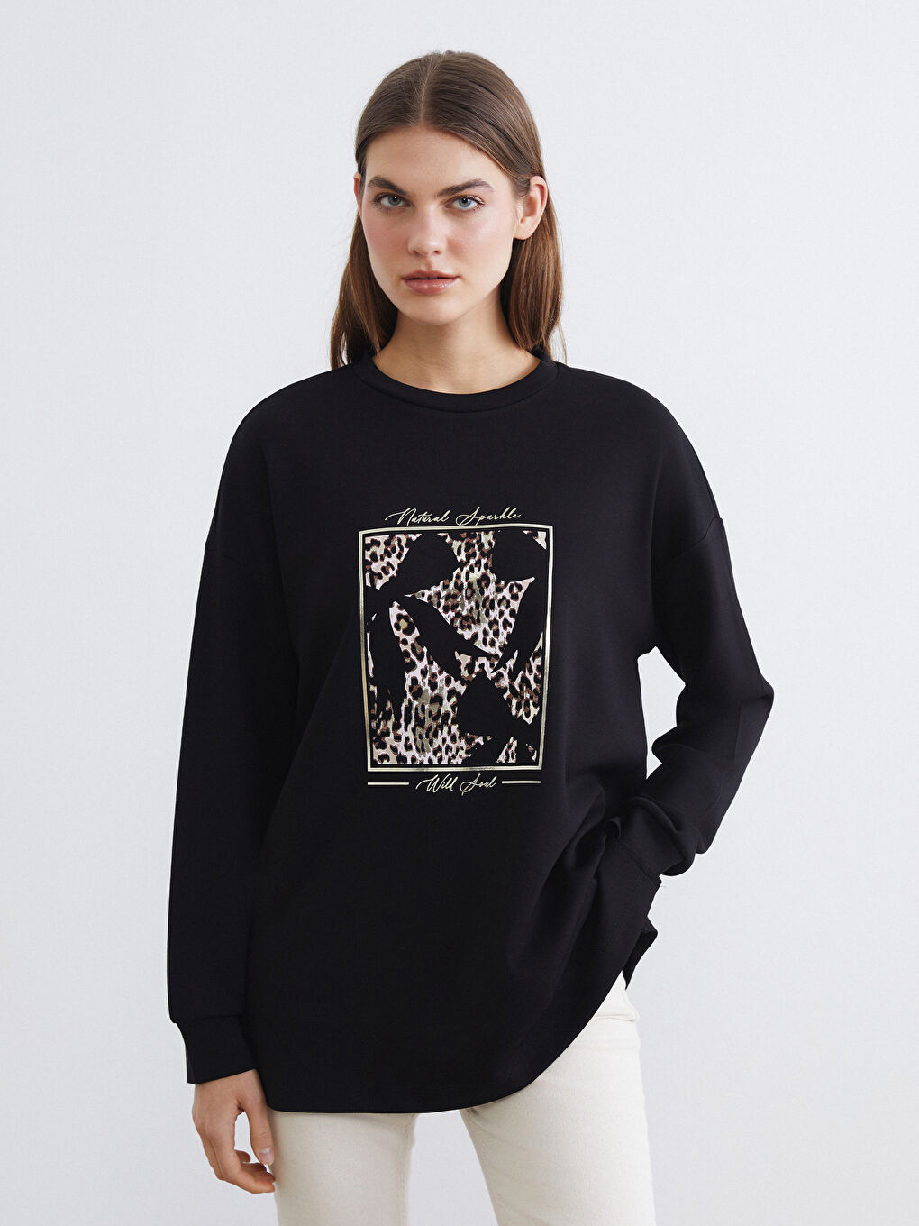 Siyah Baskılı Soft Touch Oversize Kadın Sweatshirt Tunik