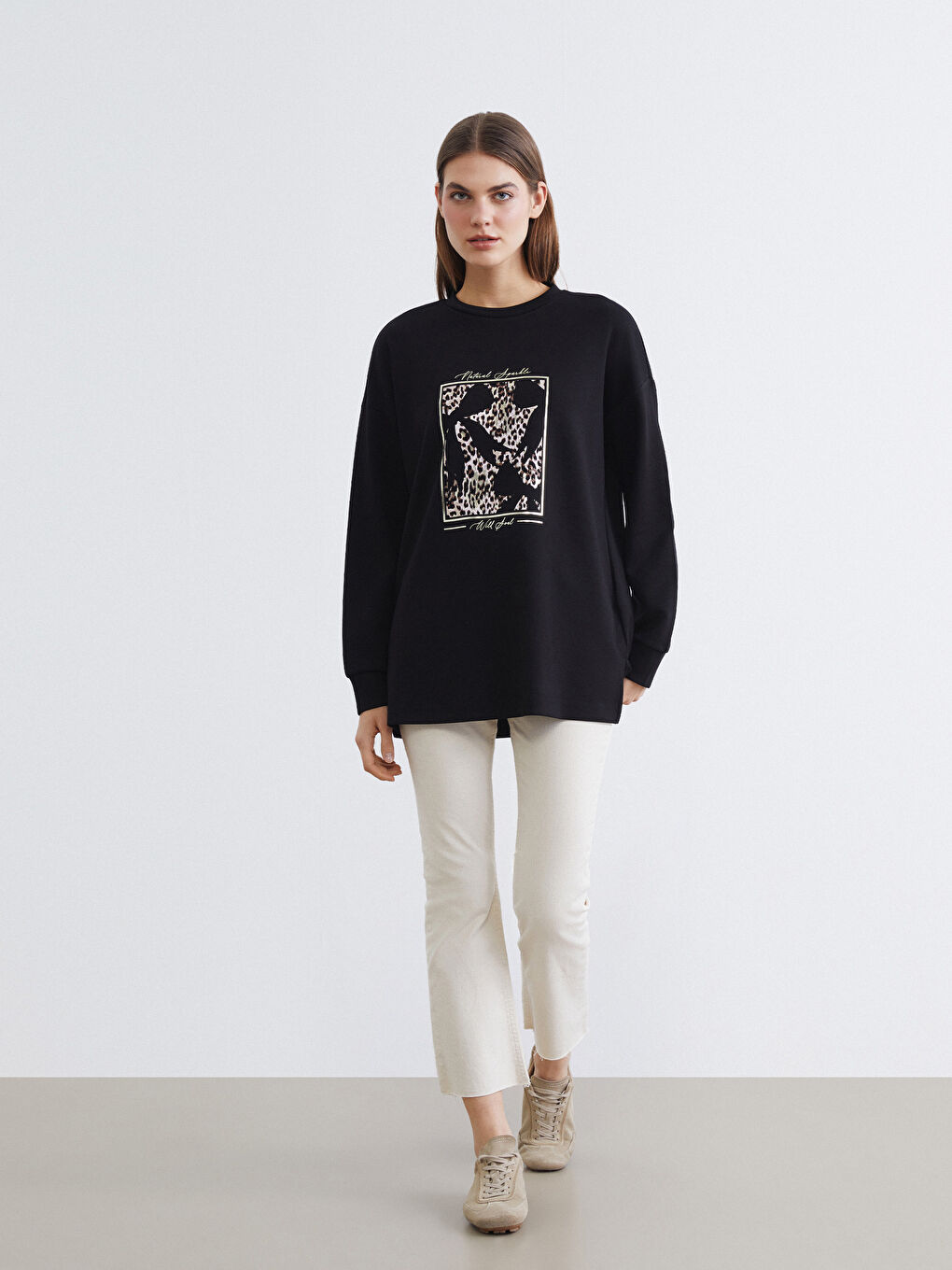 Siyah Baskılı Soft Touch Oversize Kadın Sweatshirt Tunik-2