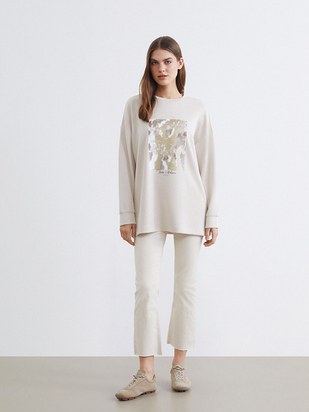 Gri Baskılı Soft Touch Oversize Kadın Sweatshirt Tunik-2