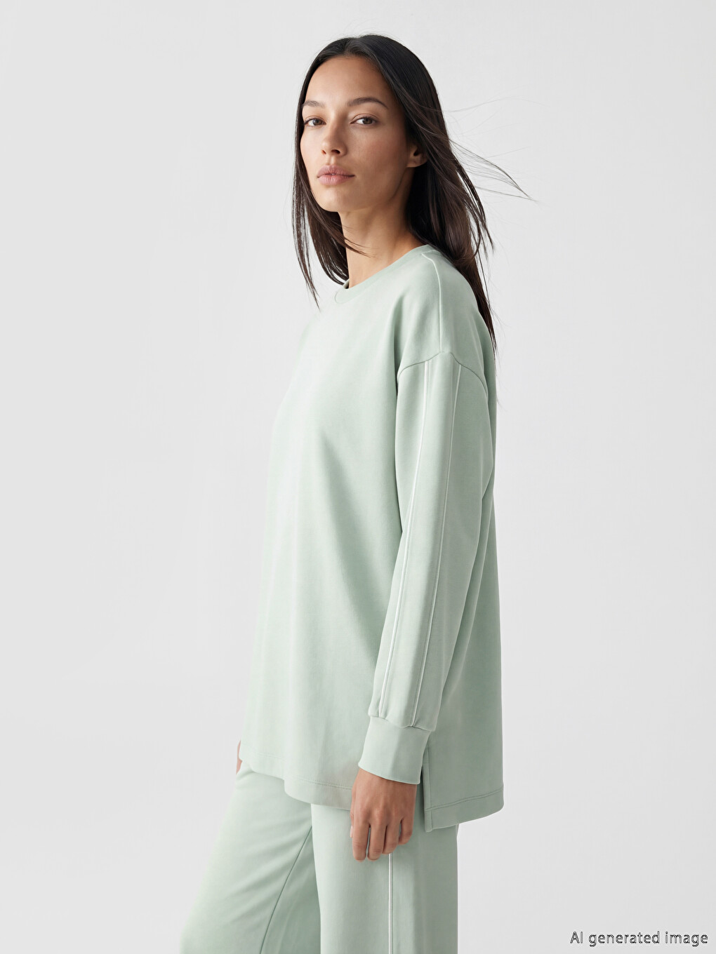 Yeşil Bisiklet Yaka Soft Touch Kadın Sweatshirt