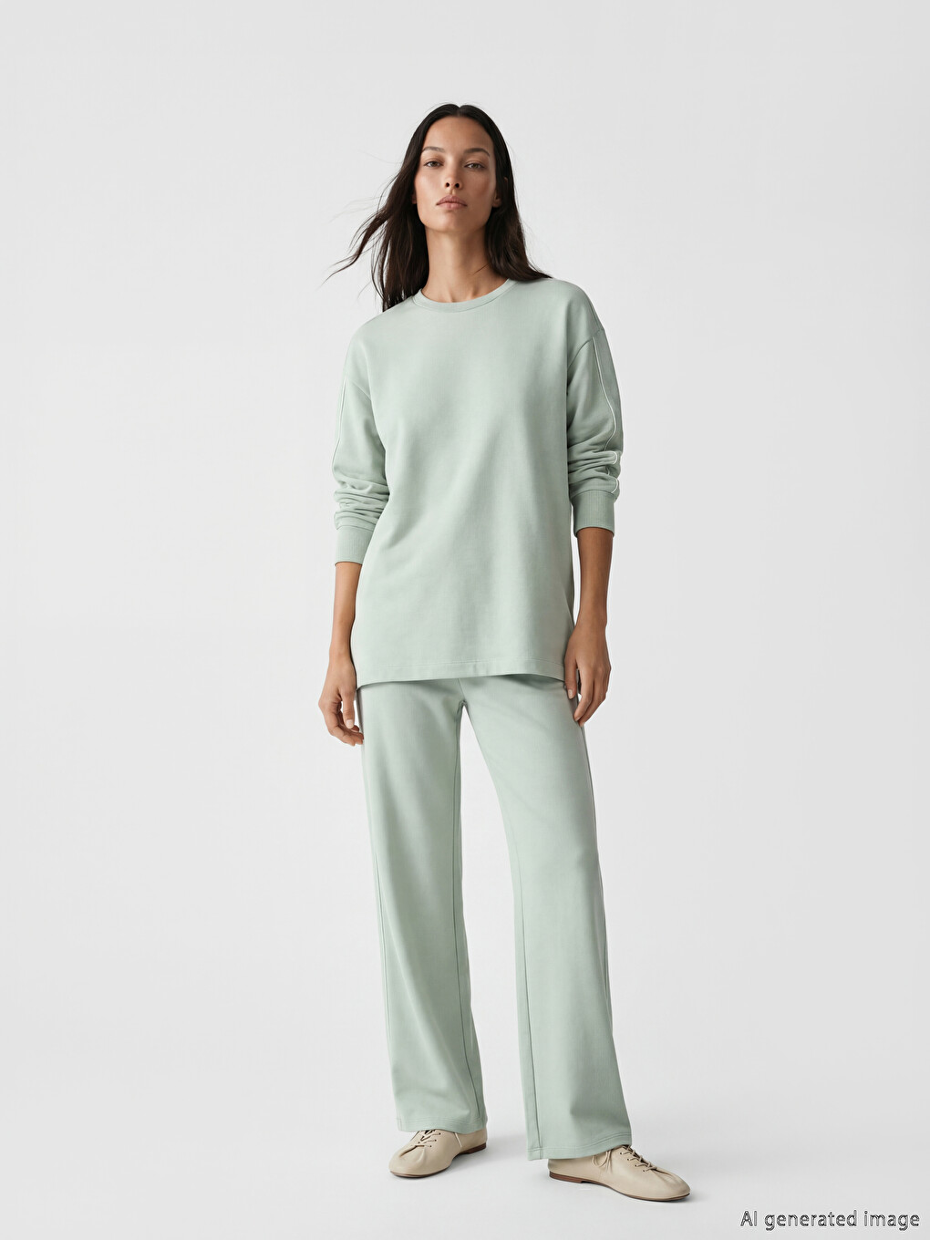 Yeşil Bisiklet Yaka Soft Touch Kadın Sweatshirt-1