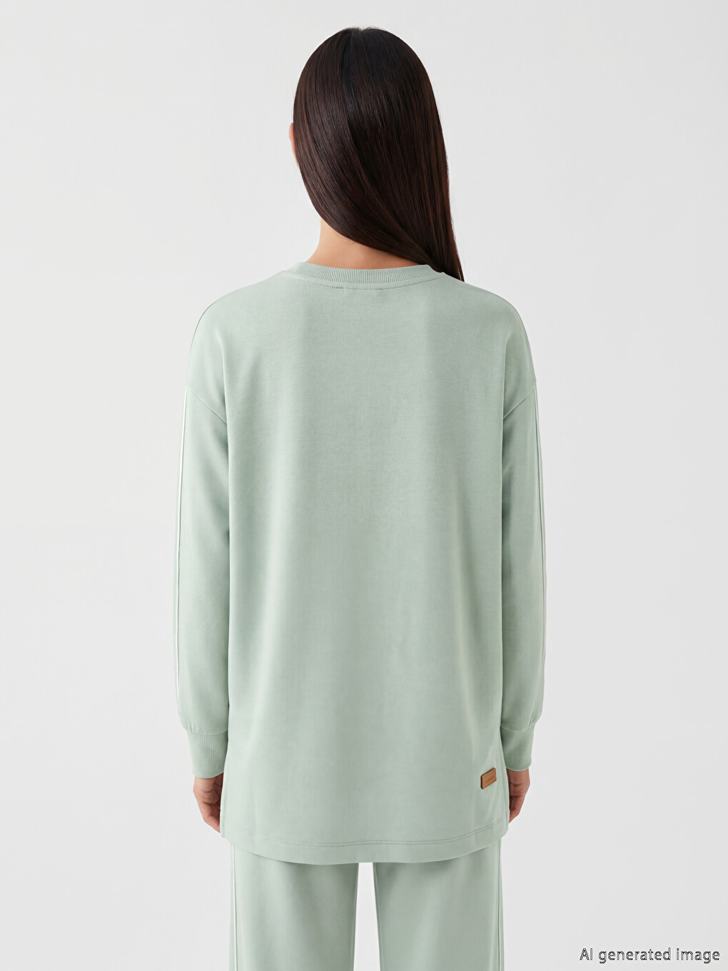Yeşil Bisiklet Yaka Soft Touch Kadın Sweatshirt-3