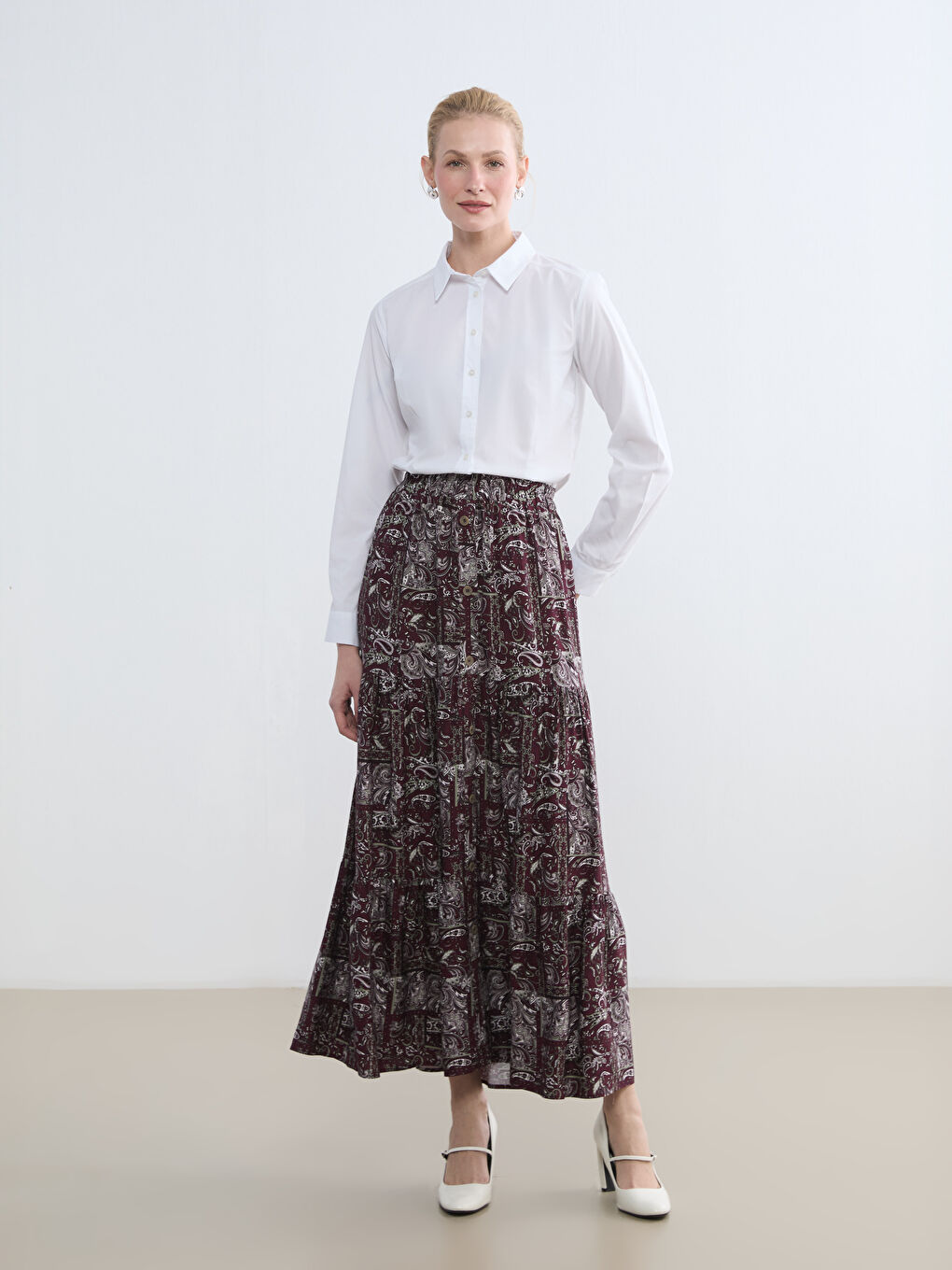 Bordo Beli Lastikli Desenli Etek