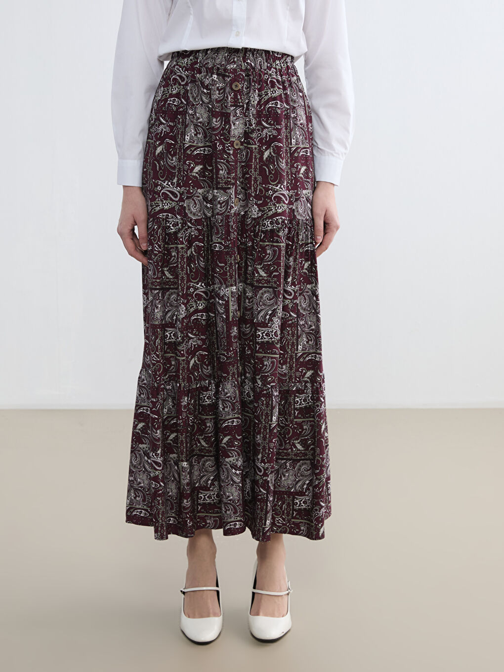 Bordo Beli Lastikli Desenli Etek-1