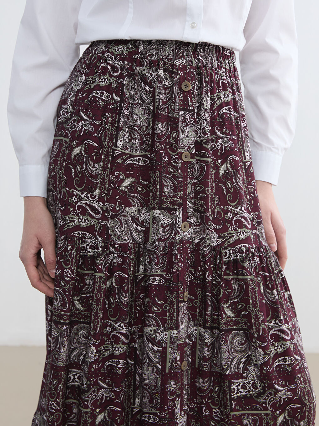 Bordo Beli Lastikli Desenli Etek-2