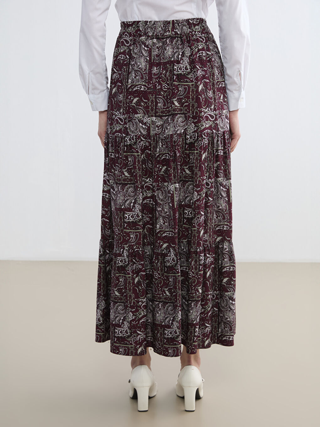 Bordo Beli Lastikli Desenli Etek-3