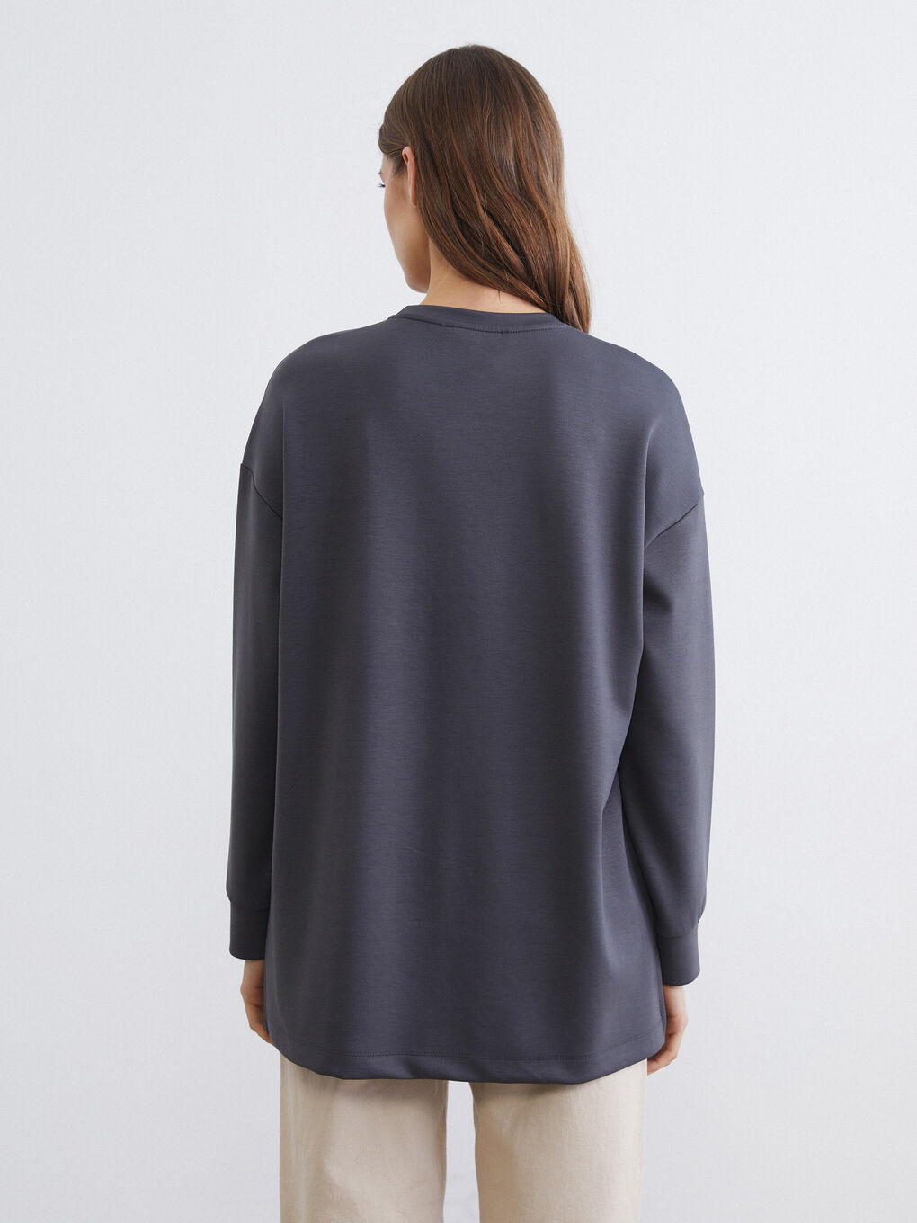 Gri Soft Touch Oversize Kadın Tişört-4