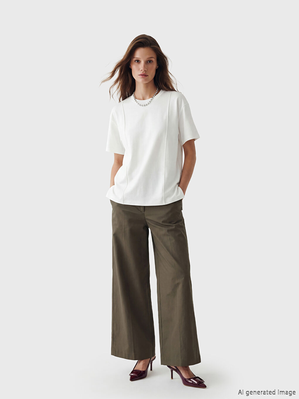 Beyaz Bisiklet Yaka Kadın Tişört-1