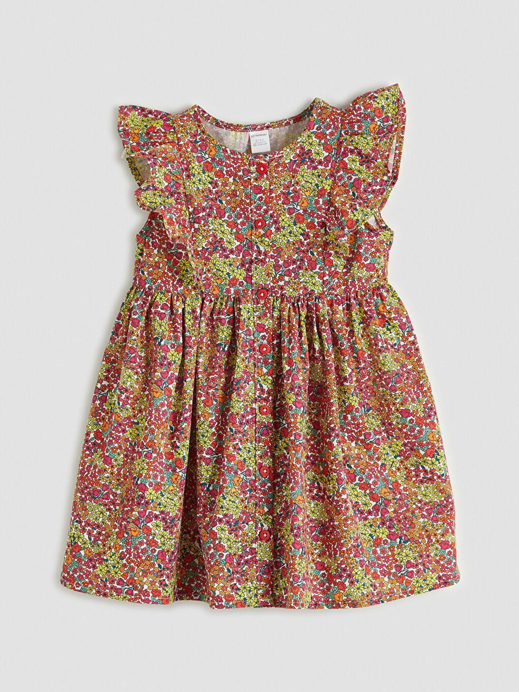 Ekru Fırfırlı Çiçek Desenli Kız Çocuk Elbise