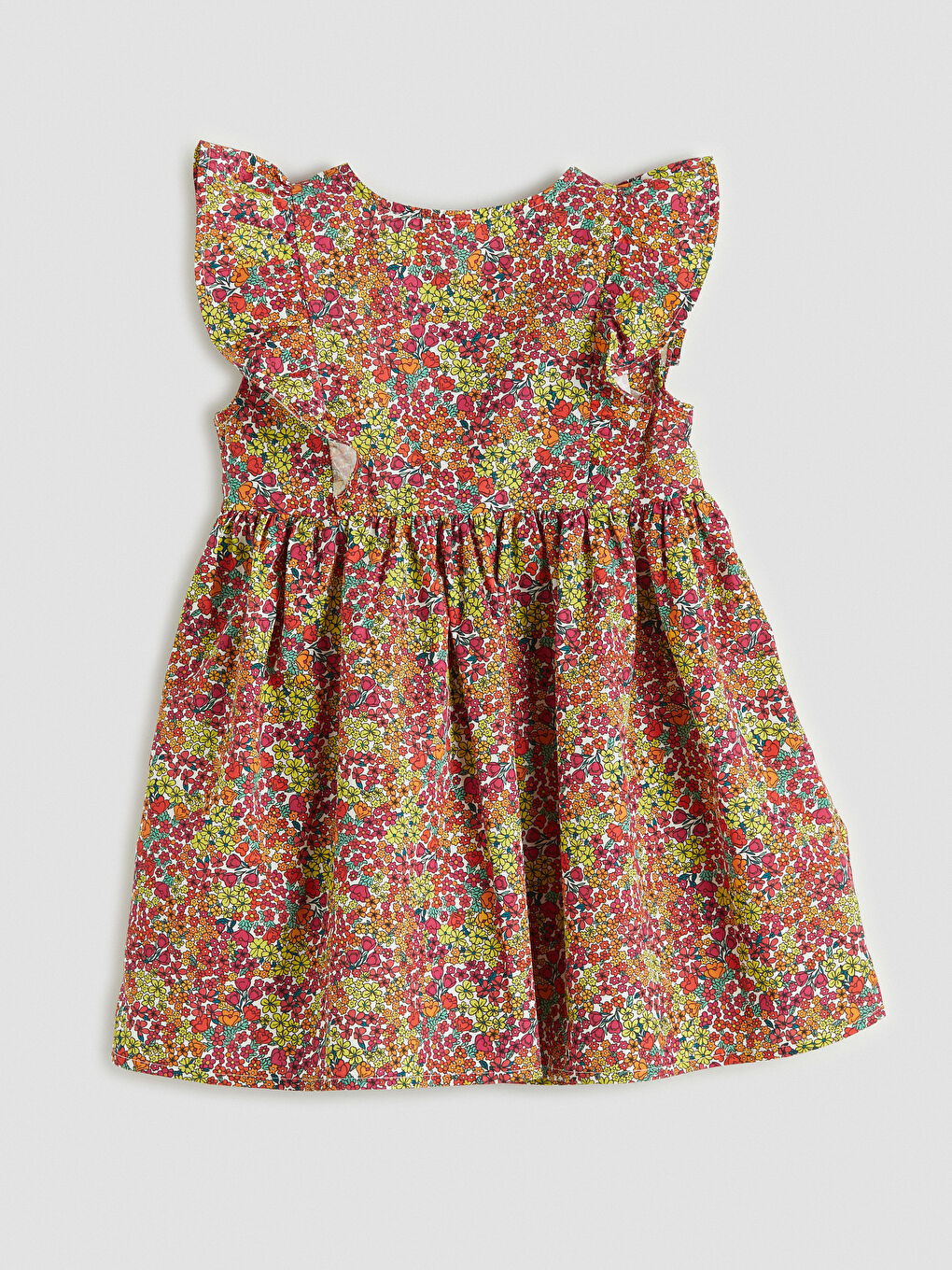 Ekru Fırfırlı Çiçek Desenli Kız Çocuk Elbise-1