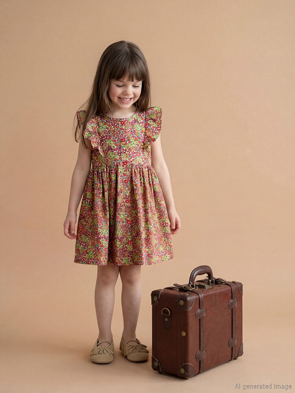 Ekru Fırfırlı Çiçek Desenli Kız Çocuk Elbise-1