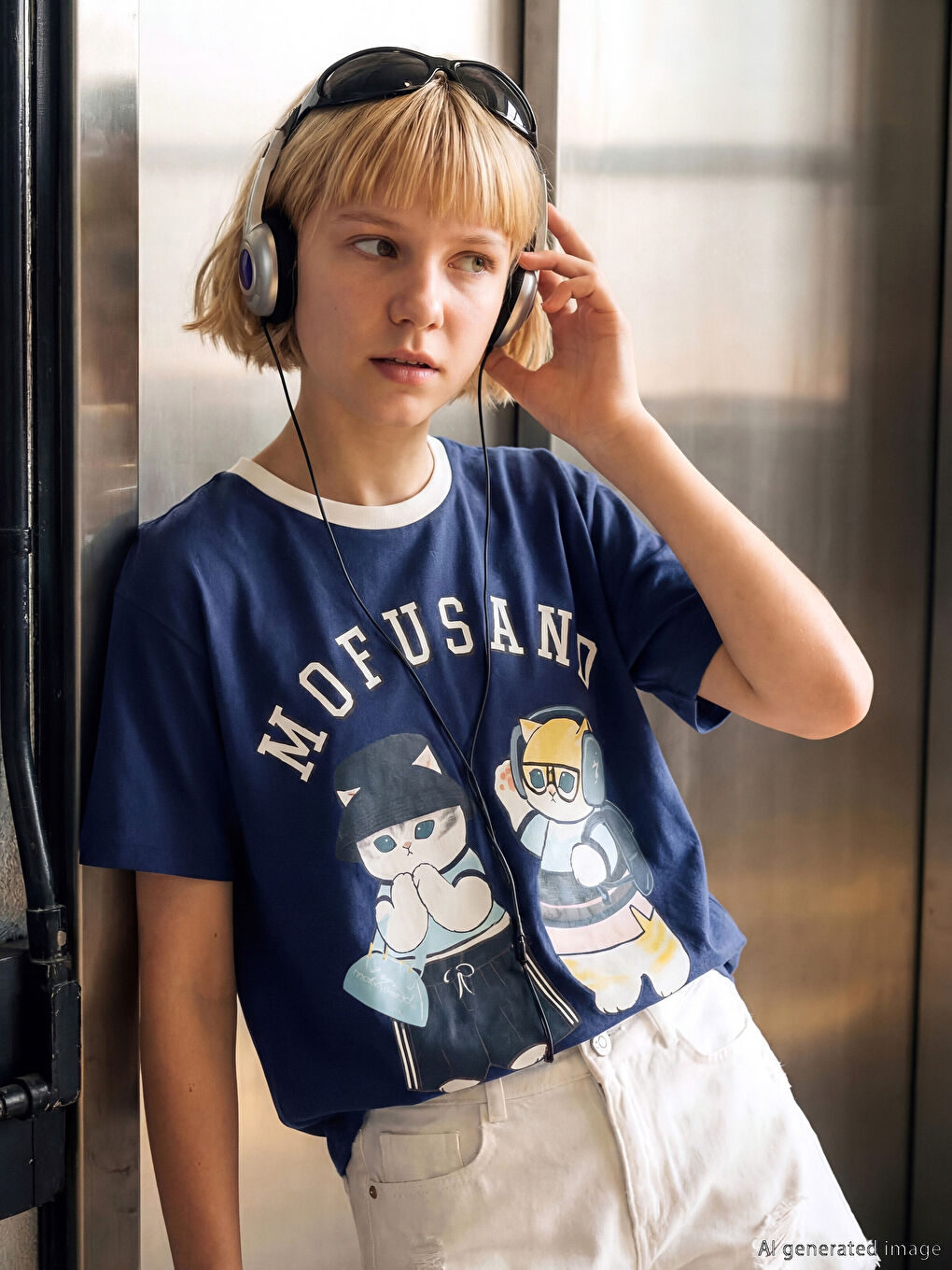 Lacivert Mofusand Baskılı Kız Çocuk Tişört-1