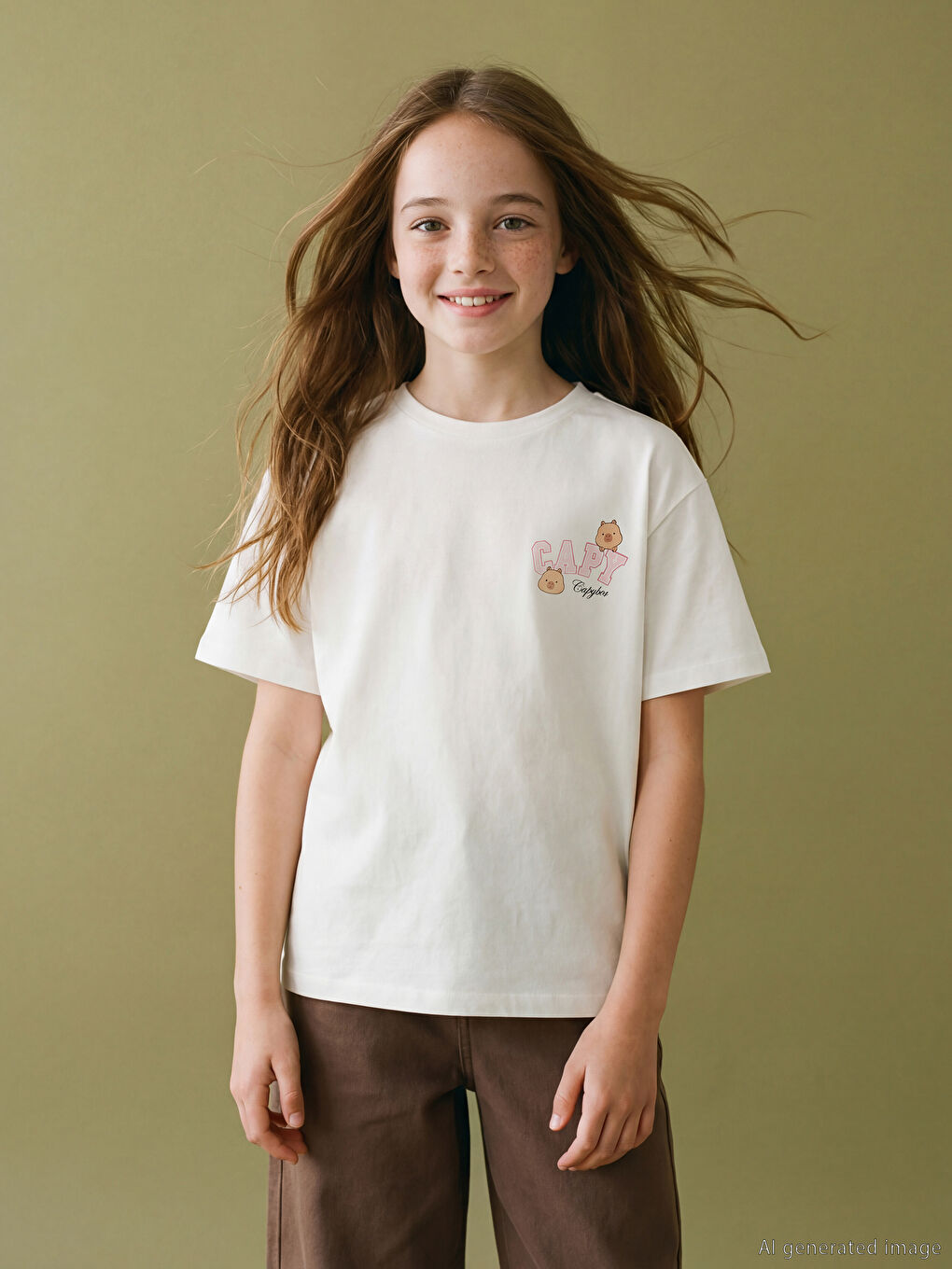 Ekru Capyfun Baskılı Kız Çocuk Tişört