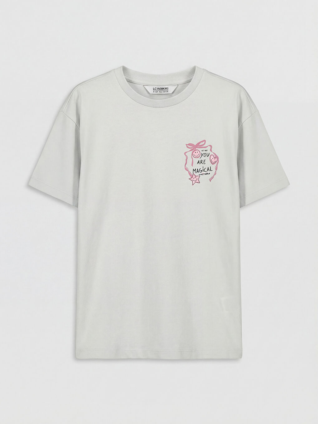 Gri Bisiklet Yaka Smileyworld Baskılı Kız Çocuk Tişört-1