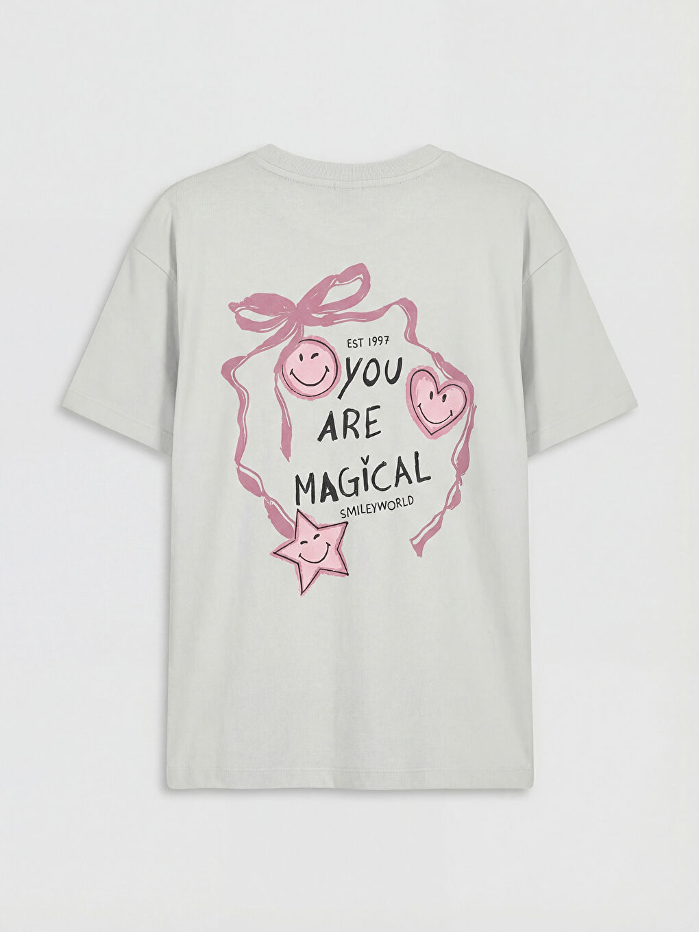 Gri Bisiklet Yaka Smileyworld Baskılı Kız Çocuk Tişört-2