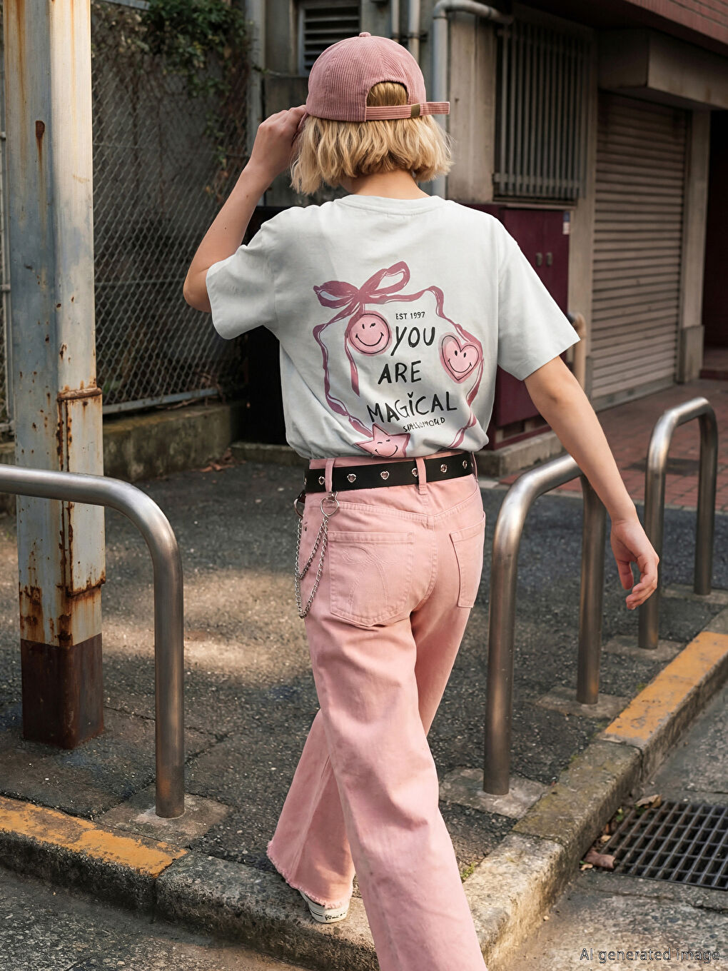 Gri Bisiklet Yaka Smileyworld Baskılı Kız Çocuk Tişört