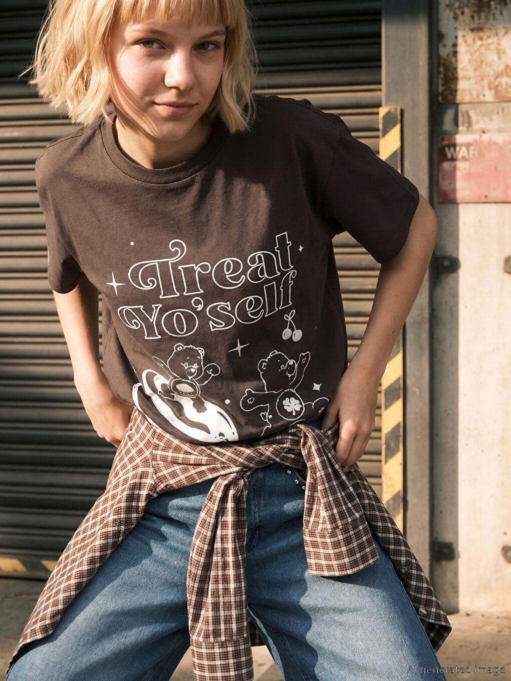 Kahverengi Bisiklet Yaka Care Bears Baskılı Kız Çocuk Tişört-1