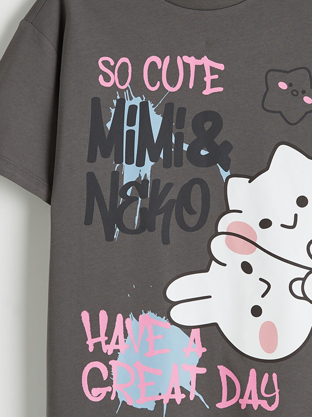 Gri Bisiklet Yaka Mimi ve Neko Baskılı Kız Çocuk Tişört-2