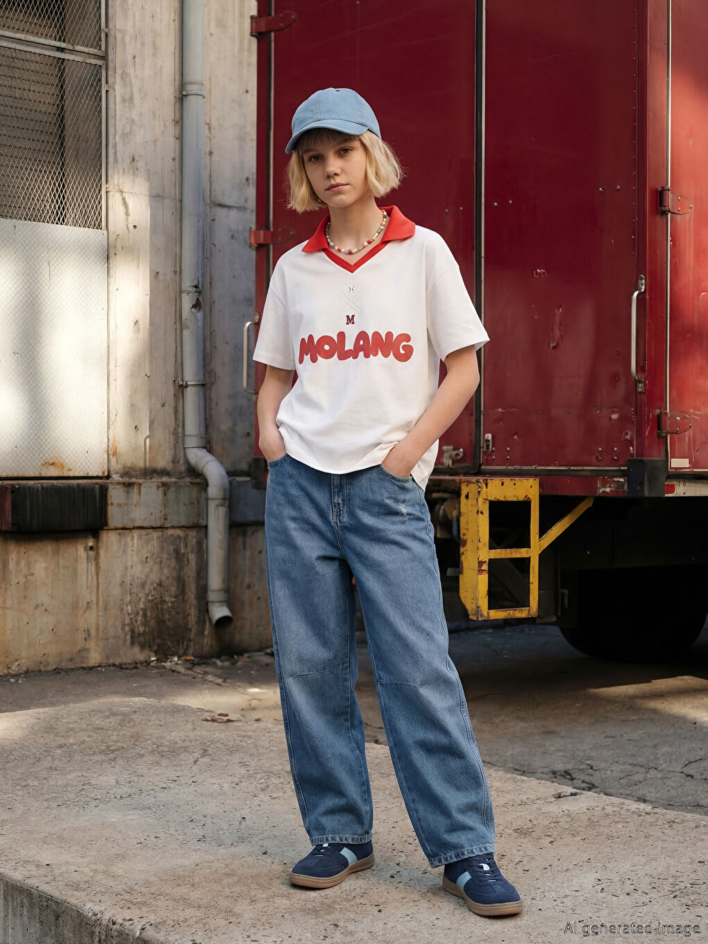 Beyaz Polo Yaka Molang Baskılı Kız Çocuk Tişört-1