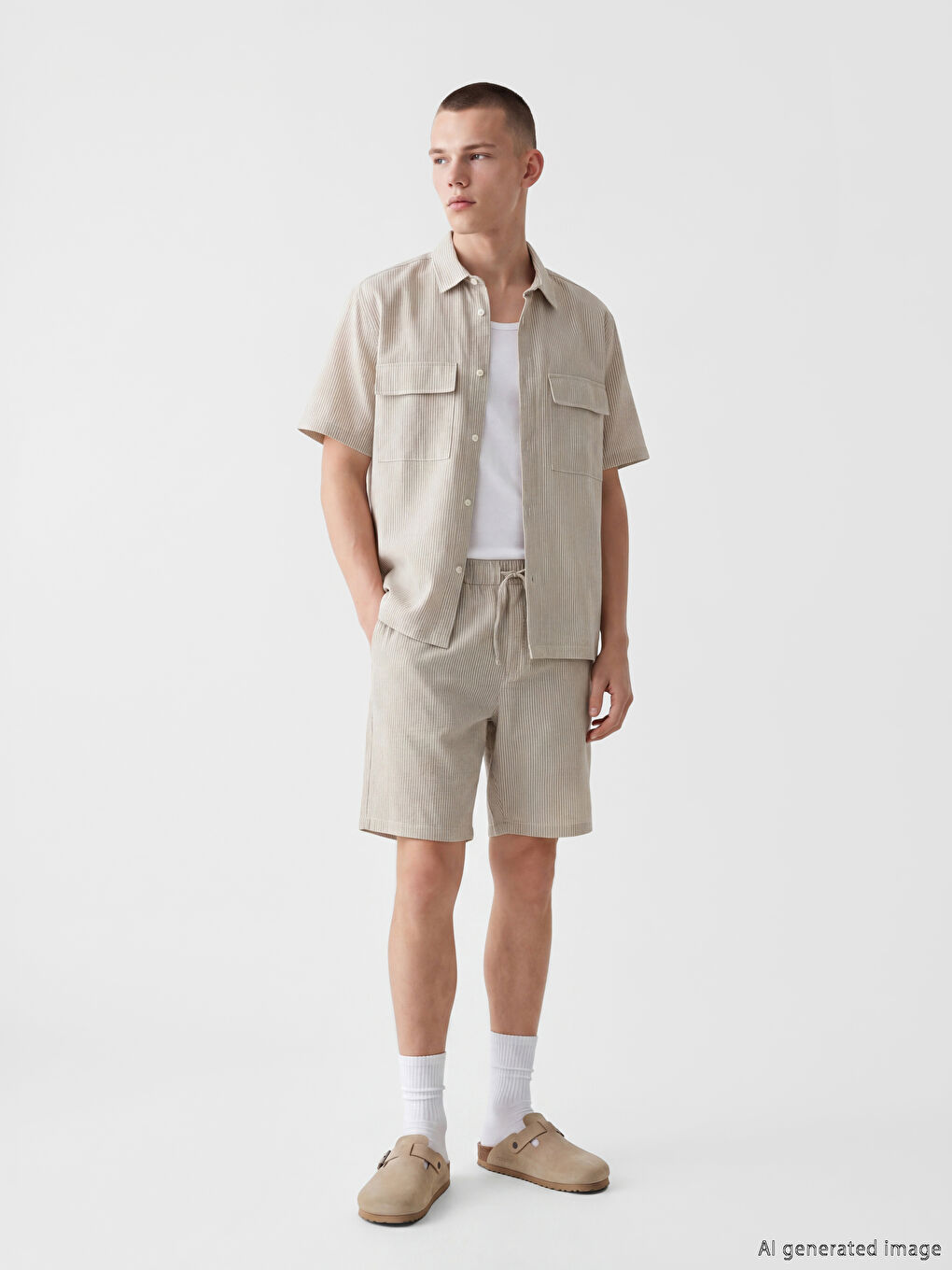 Bej Relax Fit Çizgili Keten Görünümlü Erkek Gömlek-1