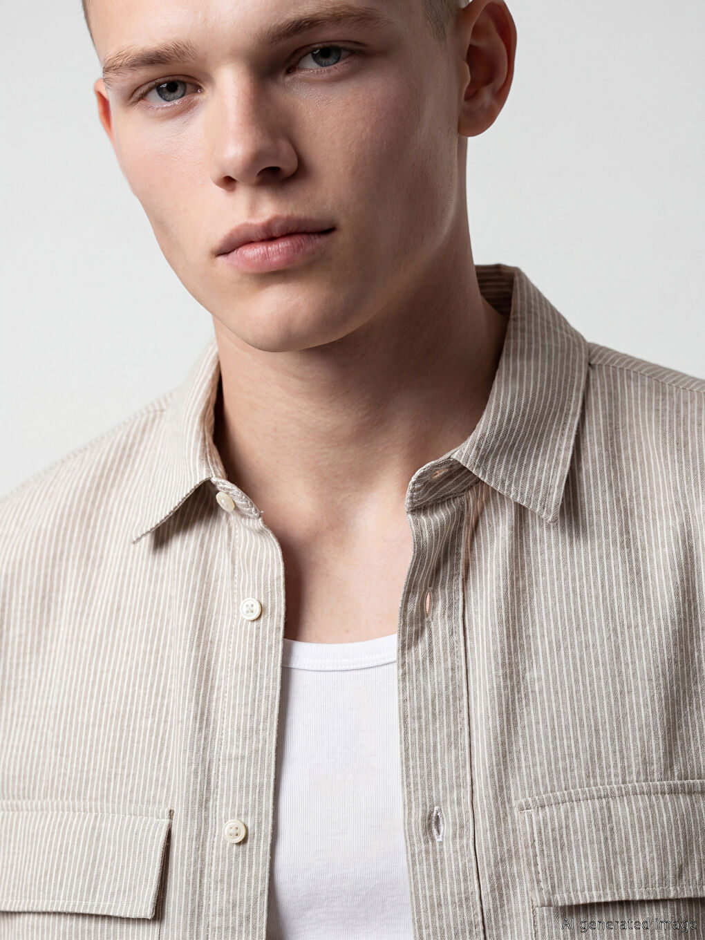 Bej Relax Fit Çizgili Keten Görünümlü Erkek Gömlek-2