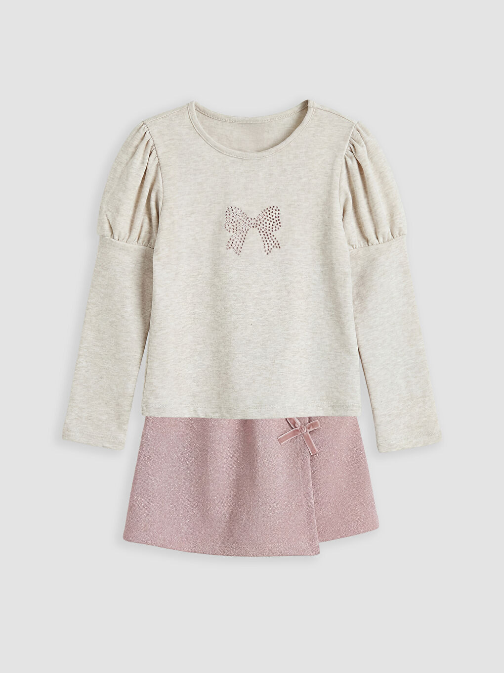 Bej Taşlı Kız Çocuk Bluz ve Şort Etek