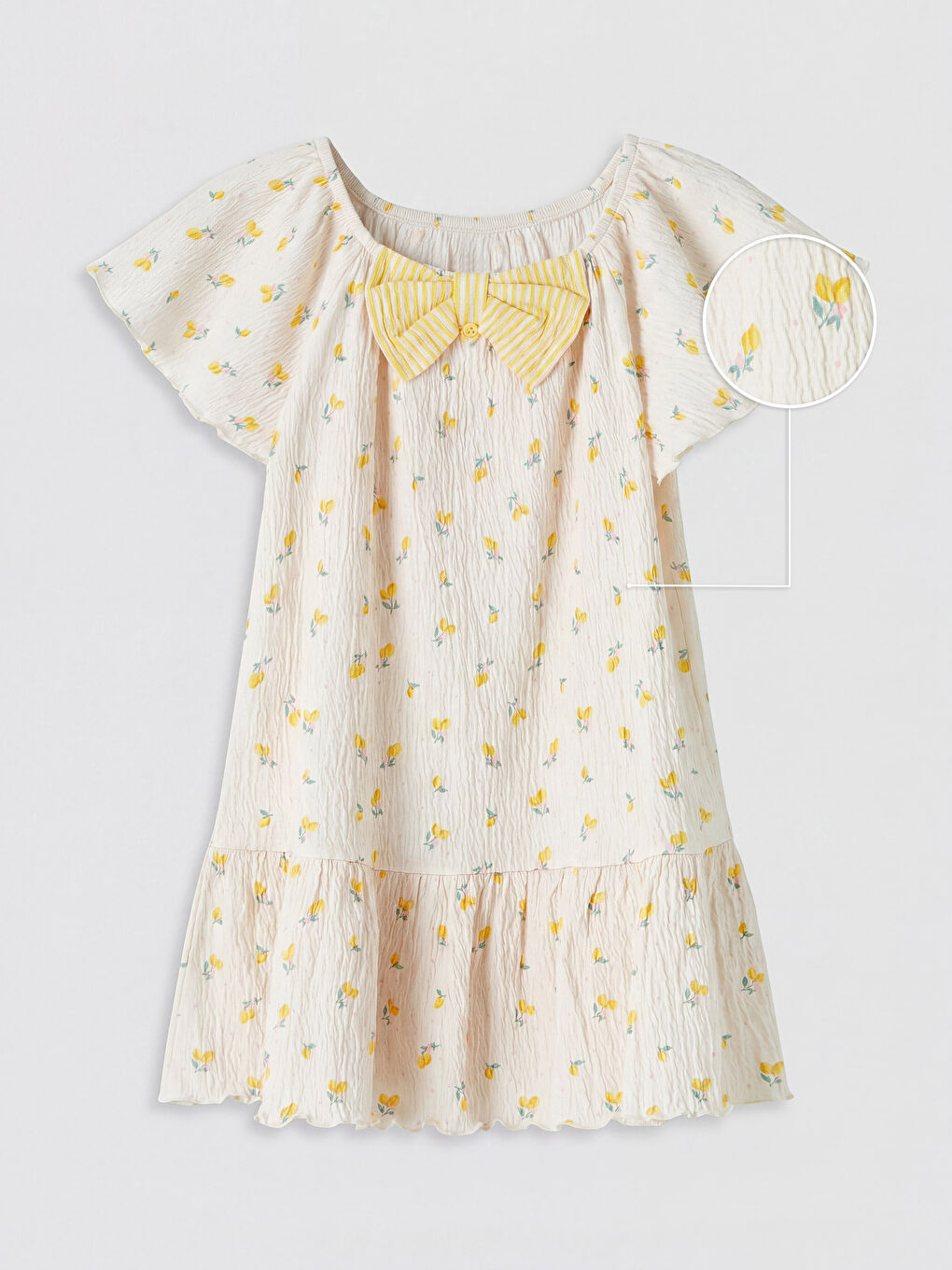 Sarı Fiyonklu Kız Çocuk Krinkle Elbise