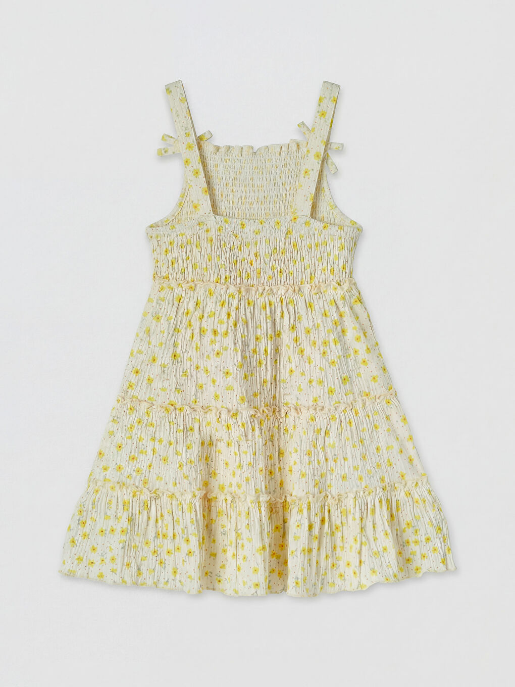 Ekru Çiçek Desenli Kız Çocuk Krinkle Elbise-1