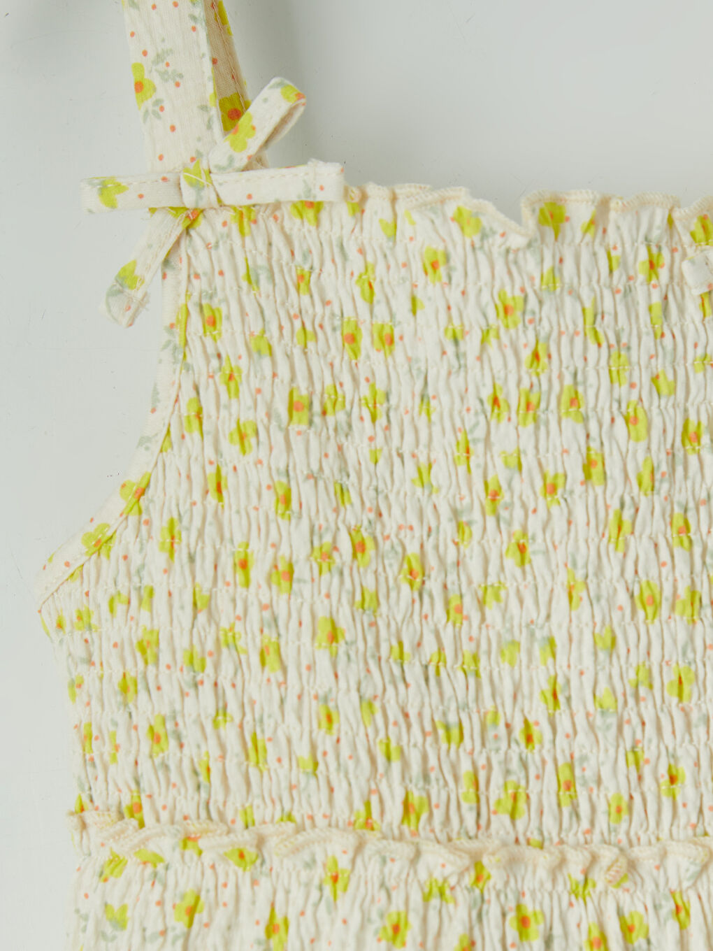 Ekru Çiçek Desenli Kız Çocuk Krinkle Elbise-2