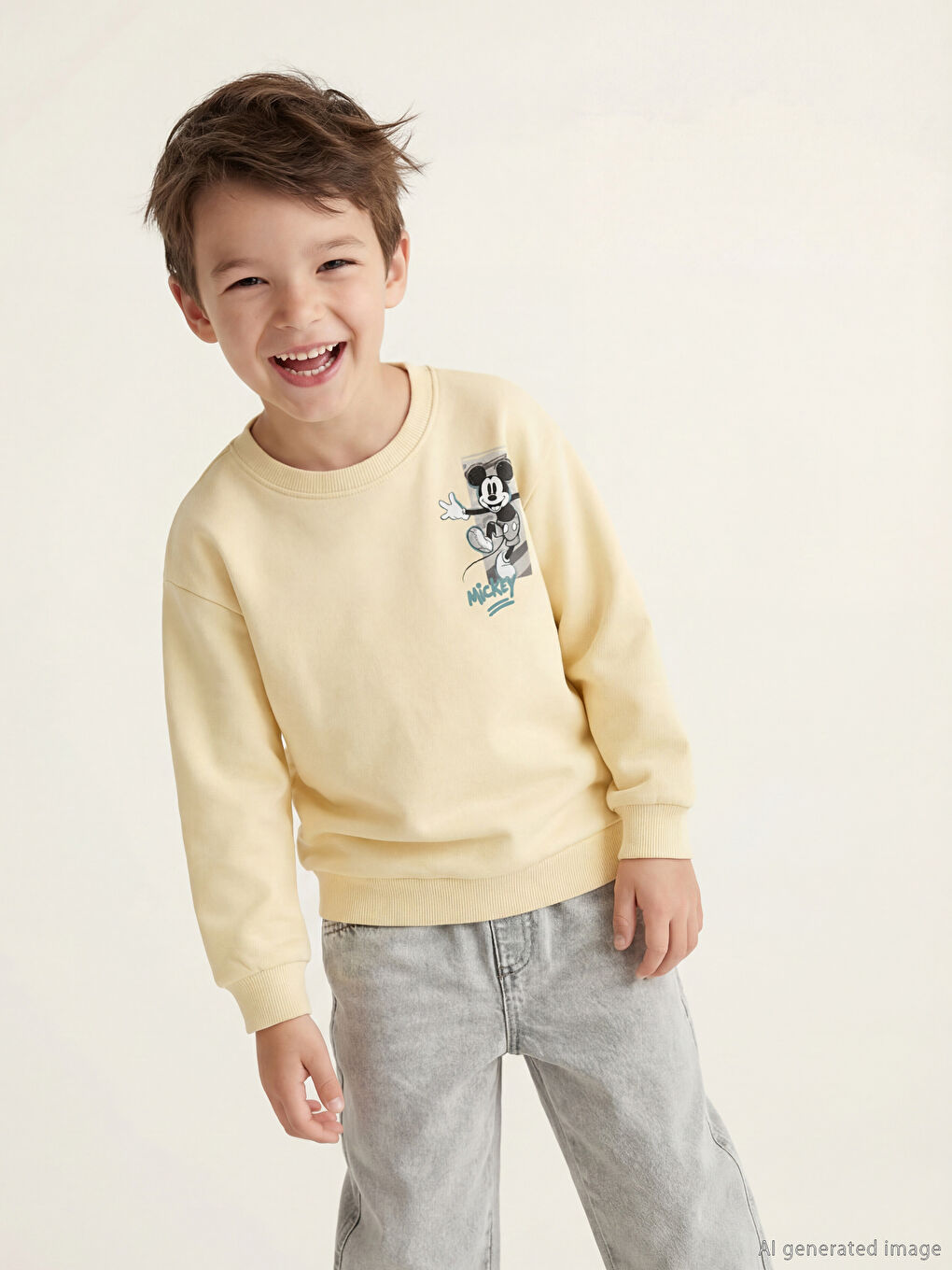 Sarı Mickey Mouse Baskılı Erkek Çocuk Kalın Sweatshirt-1