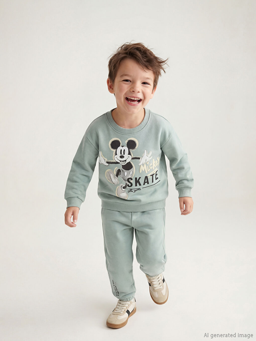 Yeşil Mickey Mouse Baskılı Erkek Çocuk Sweatshirt ve Eşofman Altı