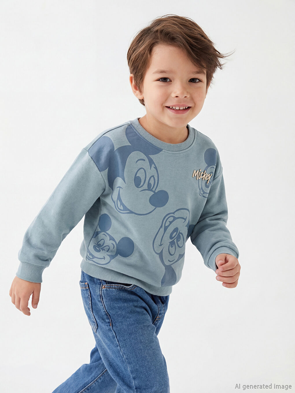 Yeşil Mickey Mouse Baskılı Erkek Çocuk Kalın Sweatshirt