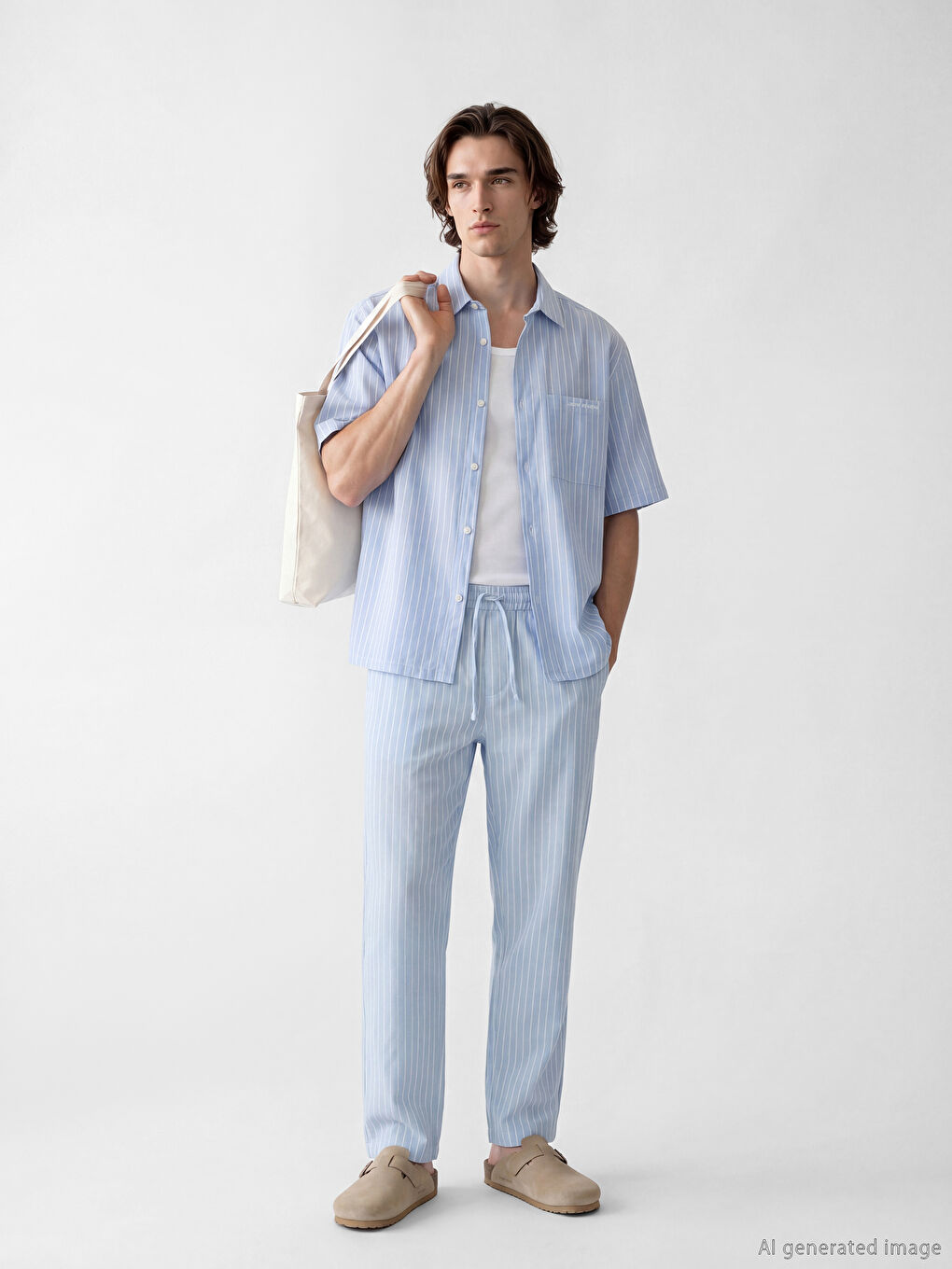Mavi Loose Fit Baskılı Keten Görünümlü Erkek Gömlek-1