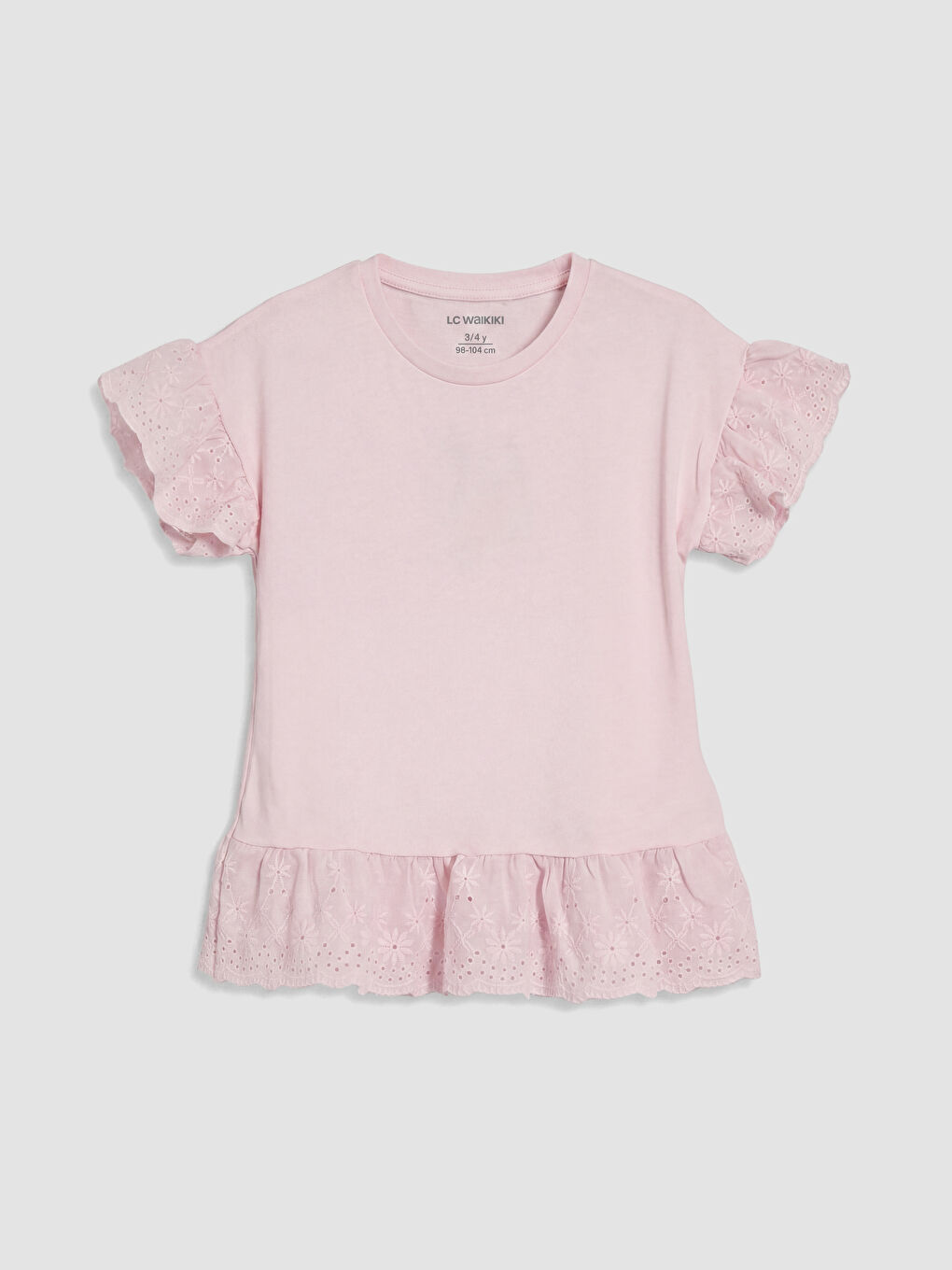 Crew Neck Embroidered Girls' Frilled T-Shirt