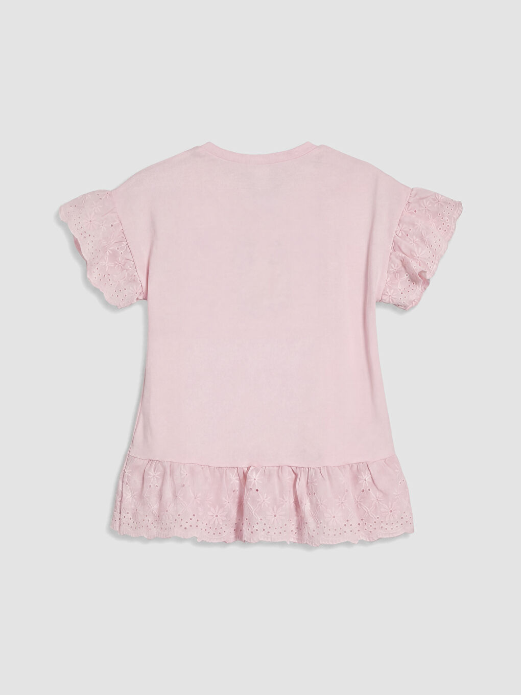 Crew Neck Embroidered Girls' Frilled T-Shirt-3