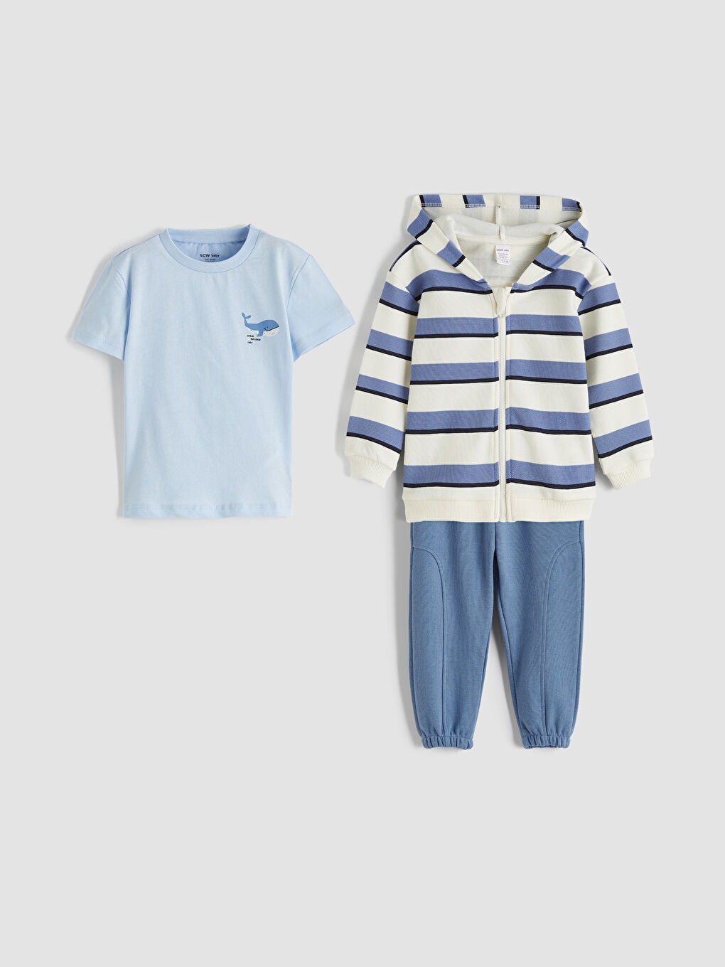 Ekru Çizgili Kapüşonlu Erkek Bebek 3'lü Takım