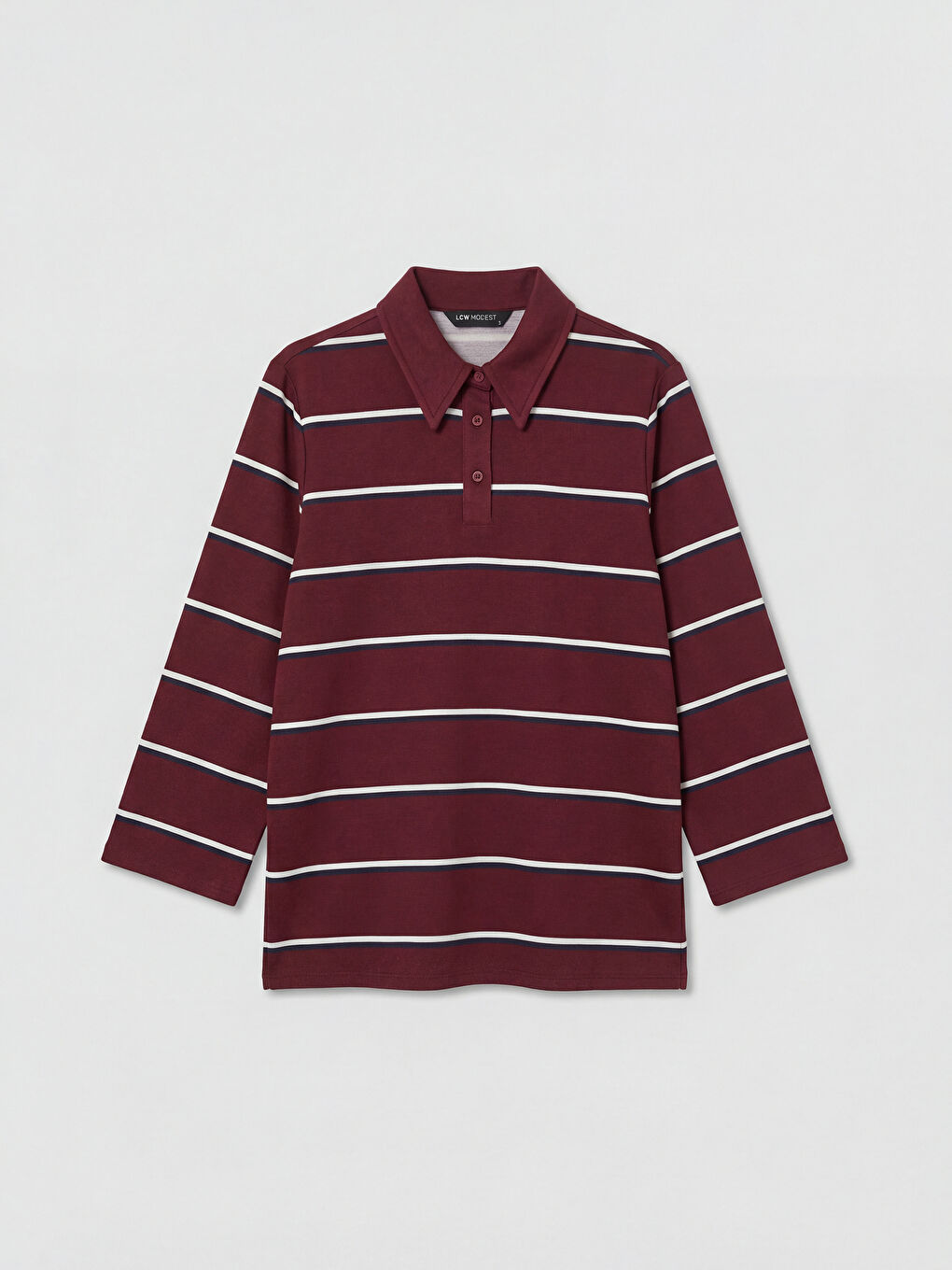 Bordo Polo Yaka Çizgili Oversize Kadın Tunik