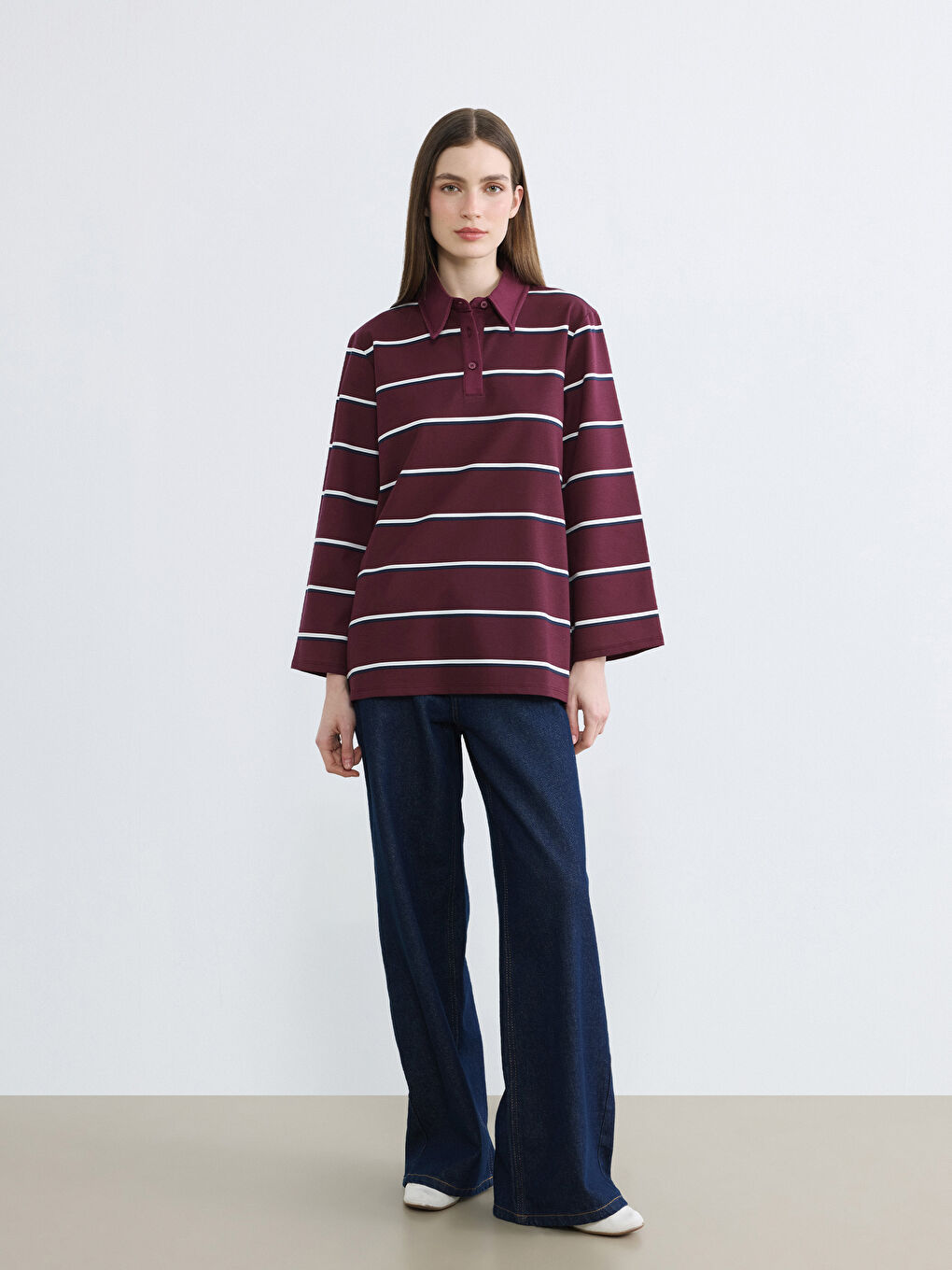Bordo Polo Yaka Çizgili Oversize Kadın Tunik-1