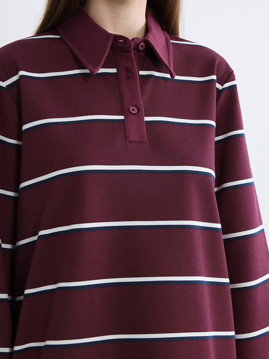Bordo Polo Yaka Çizgili Oversize Kadın Tunik-2
