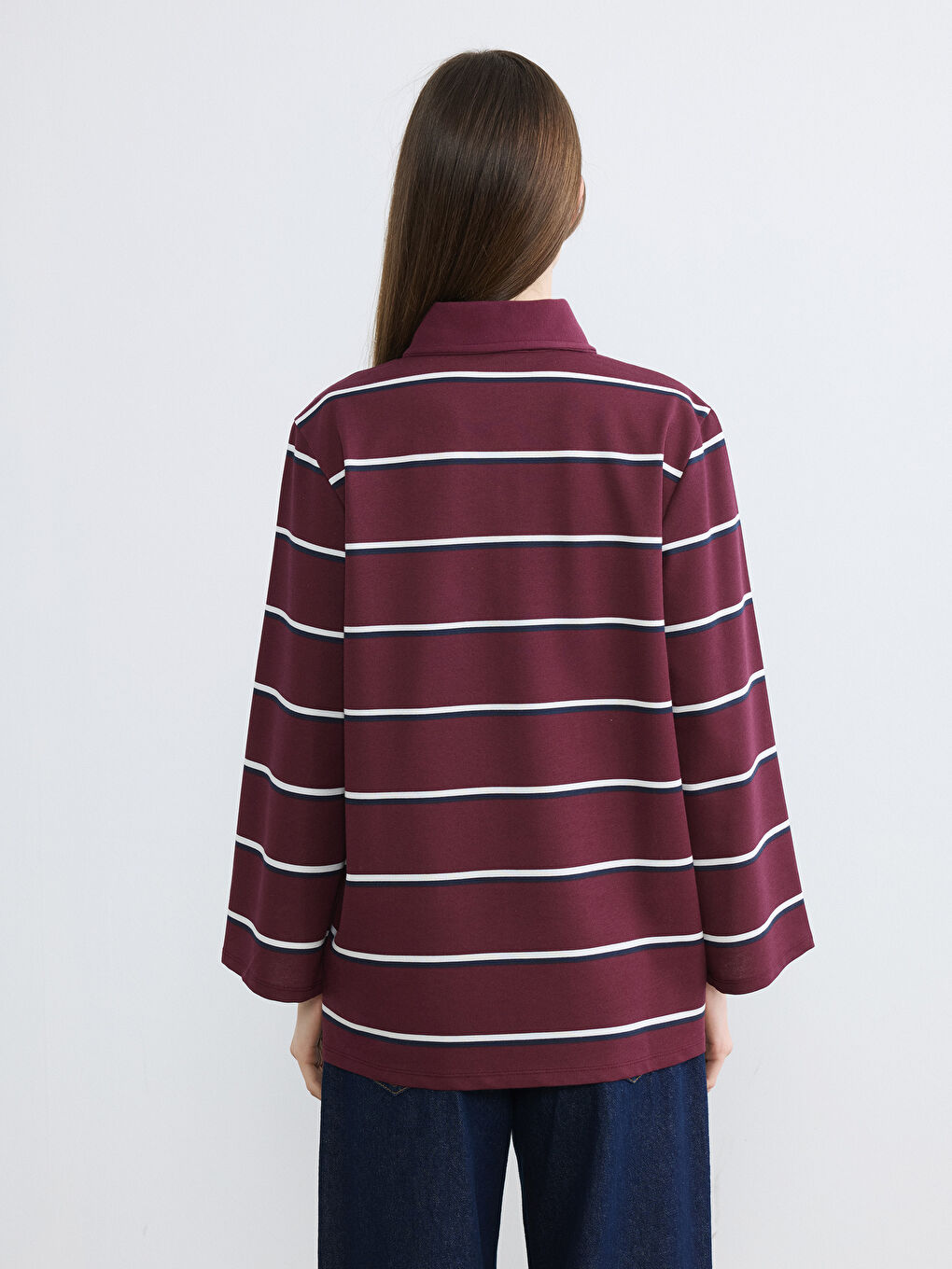 Bordo Polo Yaka Çizgili Oversize Kadın Tunik-3