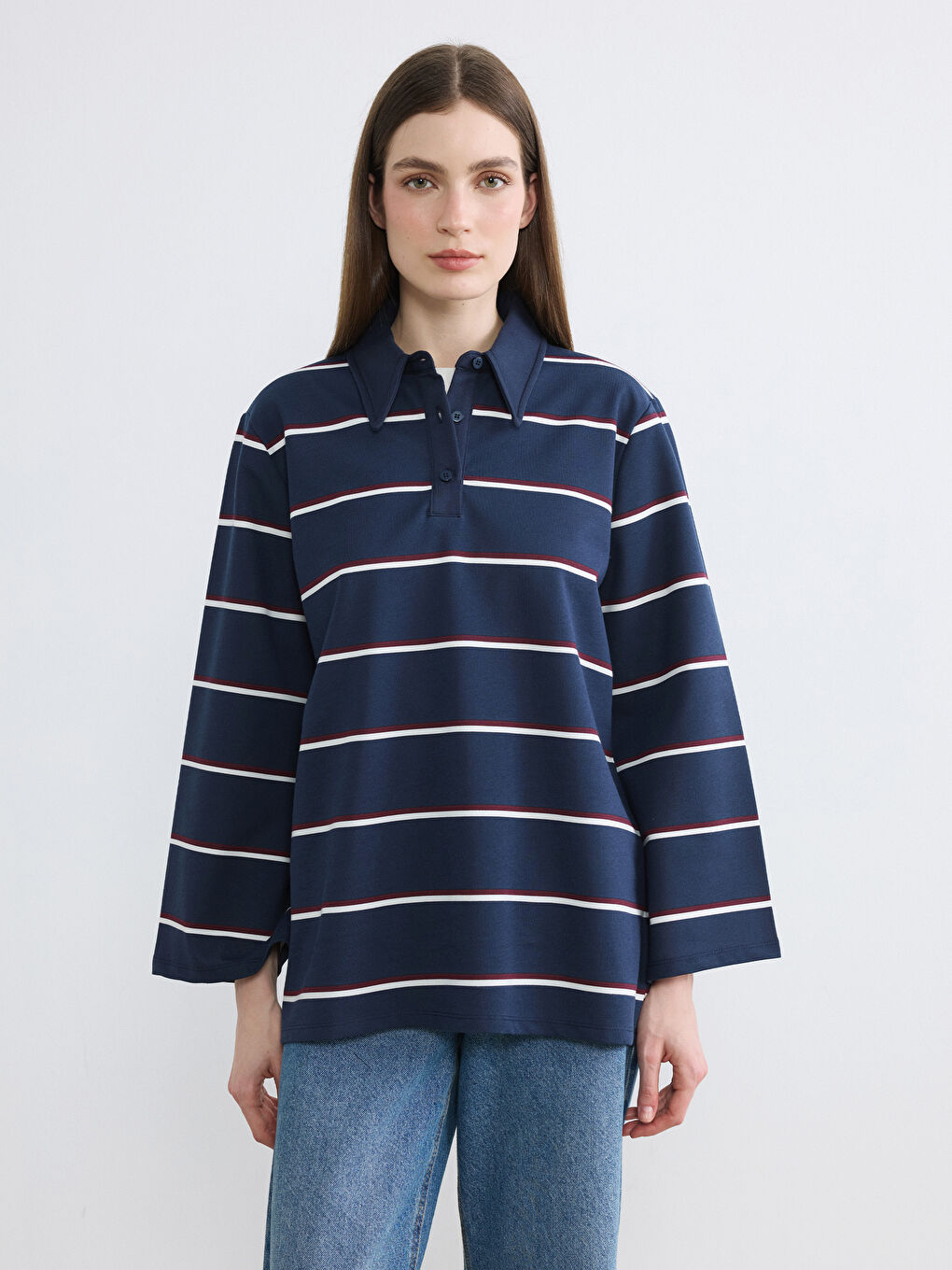 Lacivert Polo Yaka Çizgili Oversize Kadın Tunik